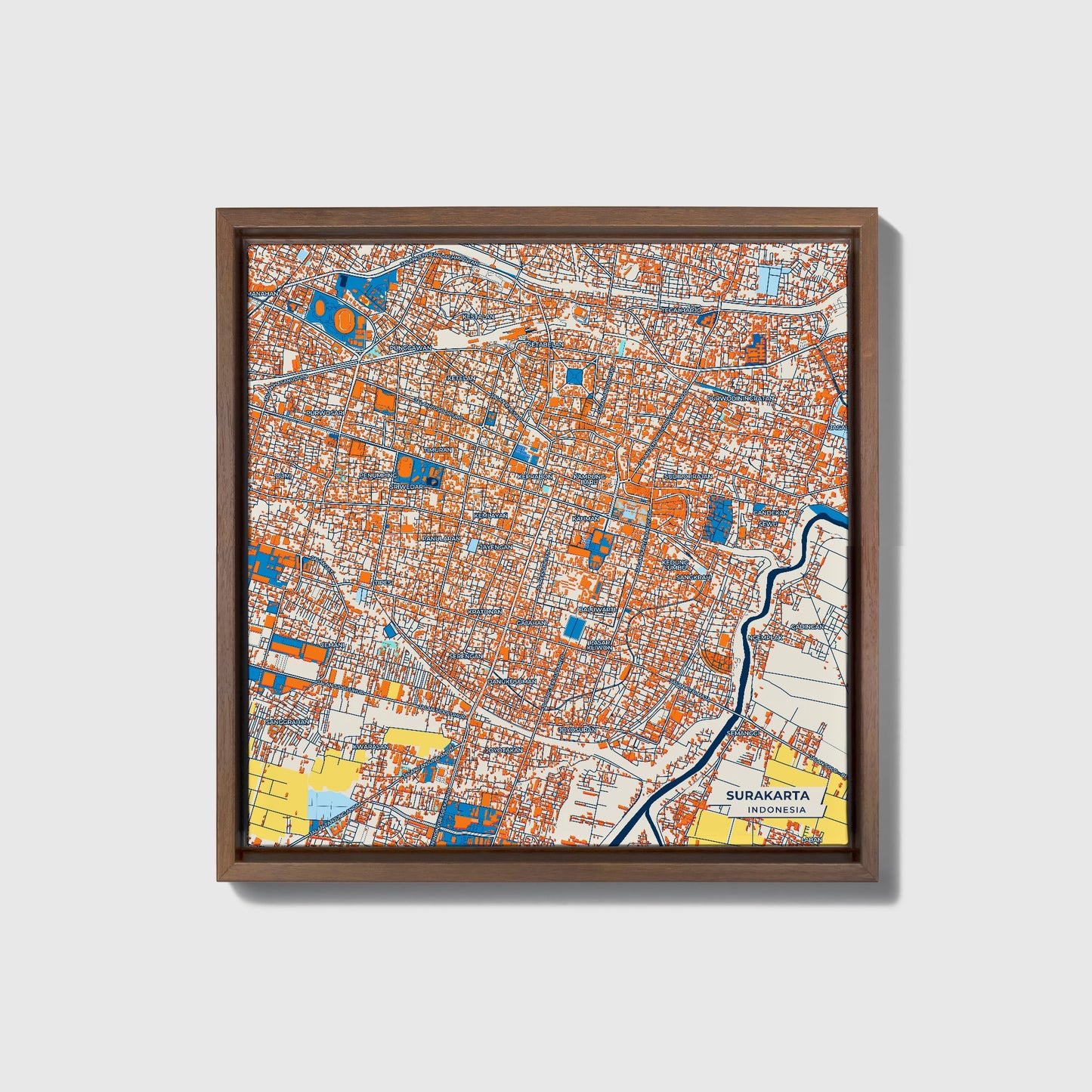 Surakarta Indonesia Colorful City Map Canvas Print • Dark Wooden Framed
