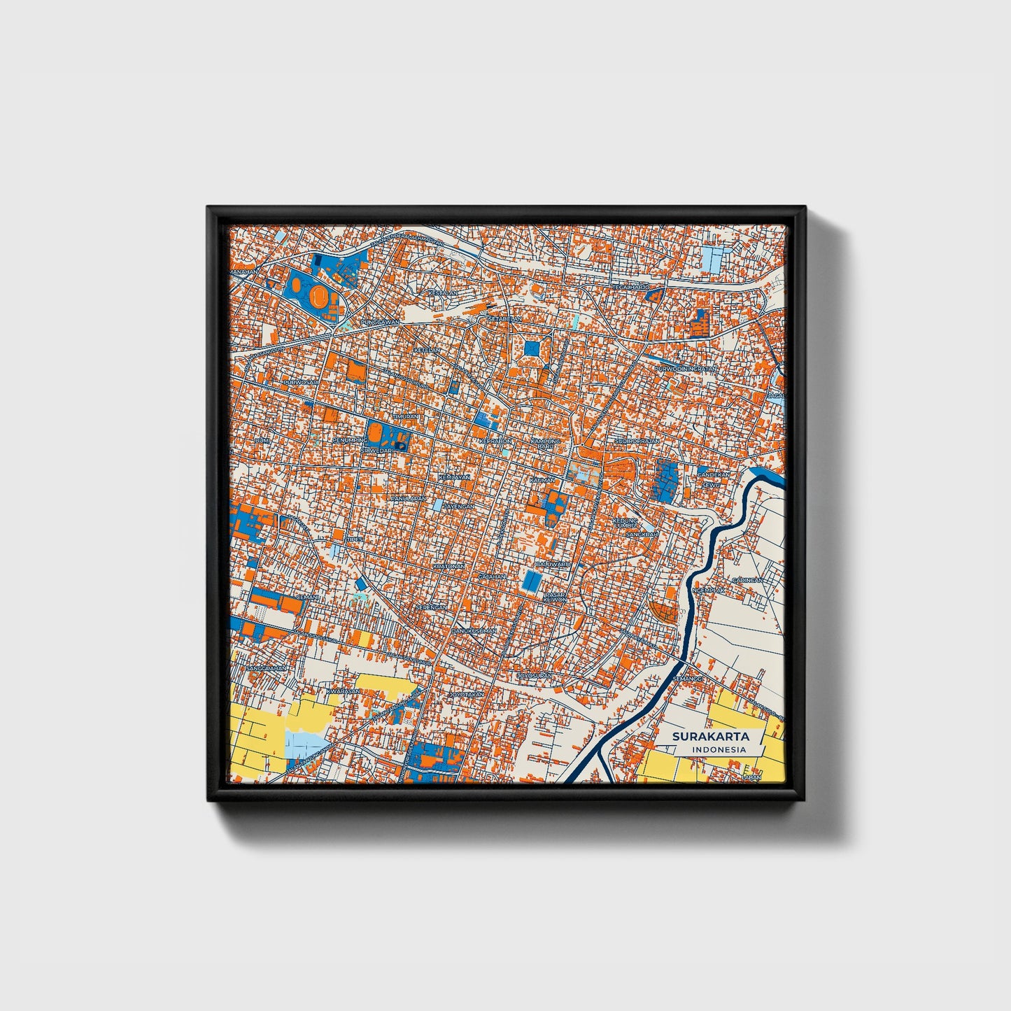 Surakarta Indonesia Colorful City Map Canvas Print • Black Framed