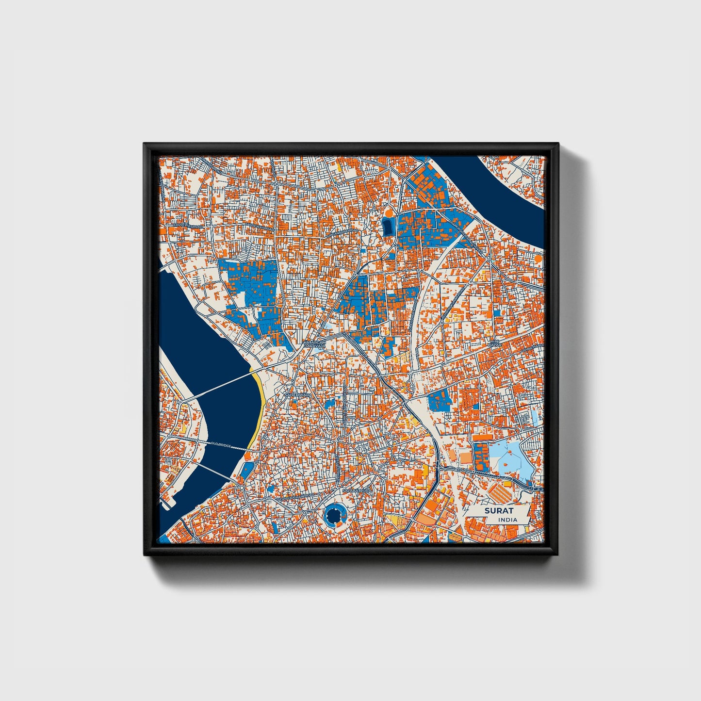 Surat India Colorful City Map Canvas Print • Black Framed