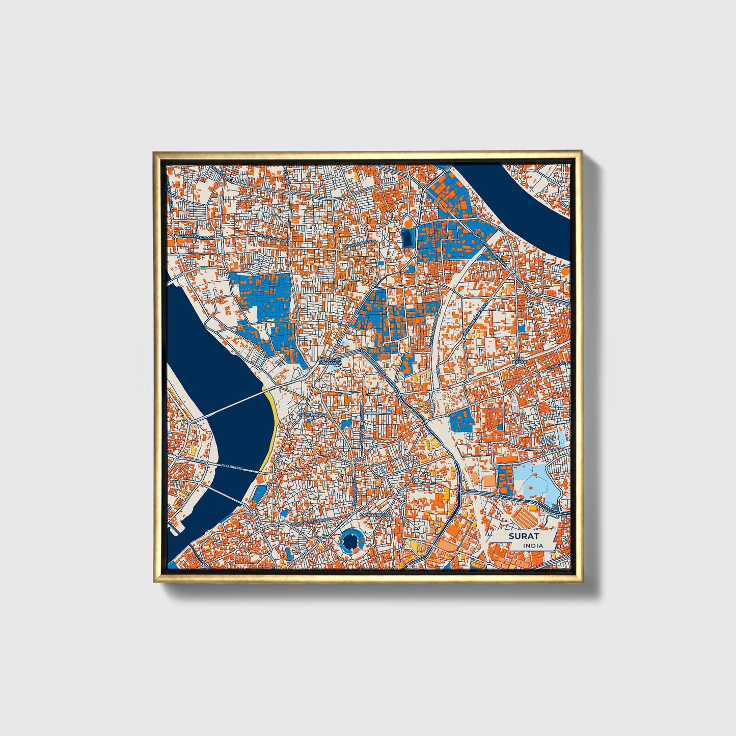 Surat India Colorful City Map Canvas Print • Gold Framed