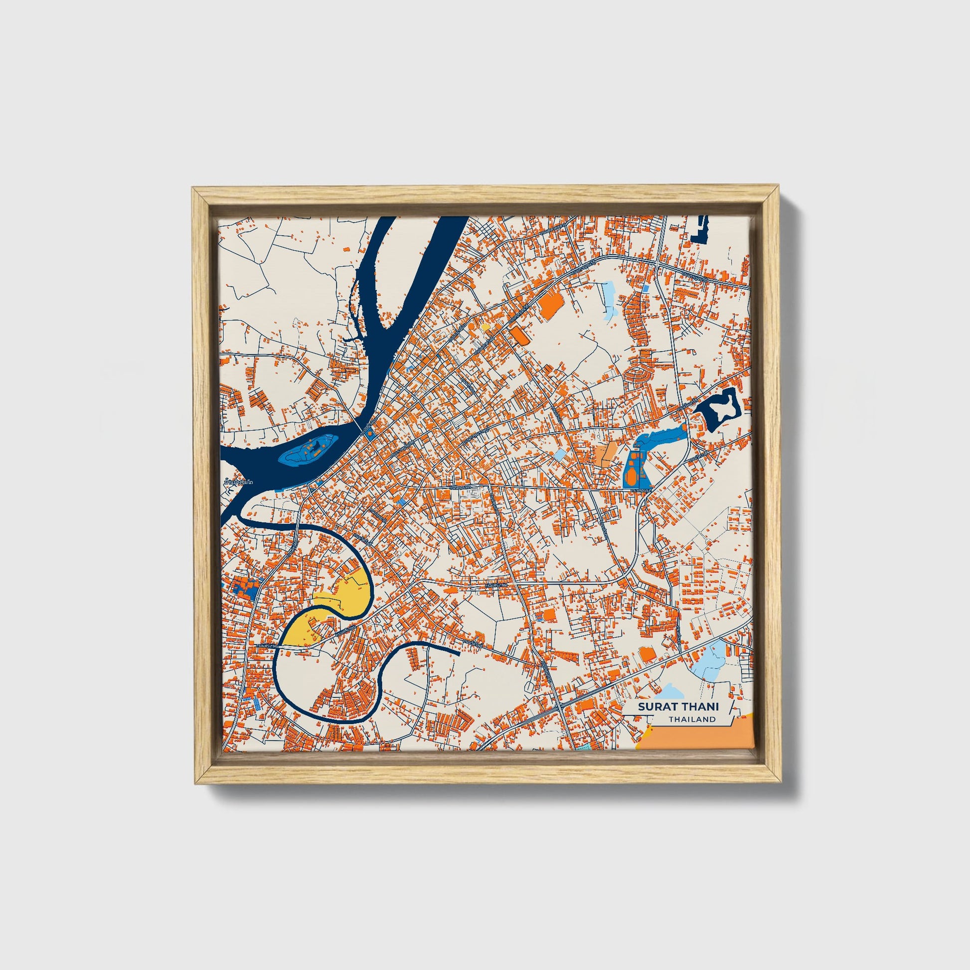 Surat Thani Thailand Colorful City Map Canvas Print • Natural Wooden Framed