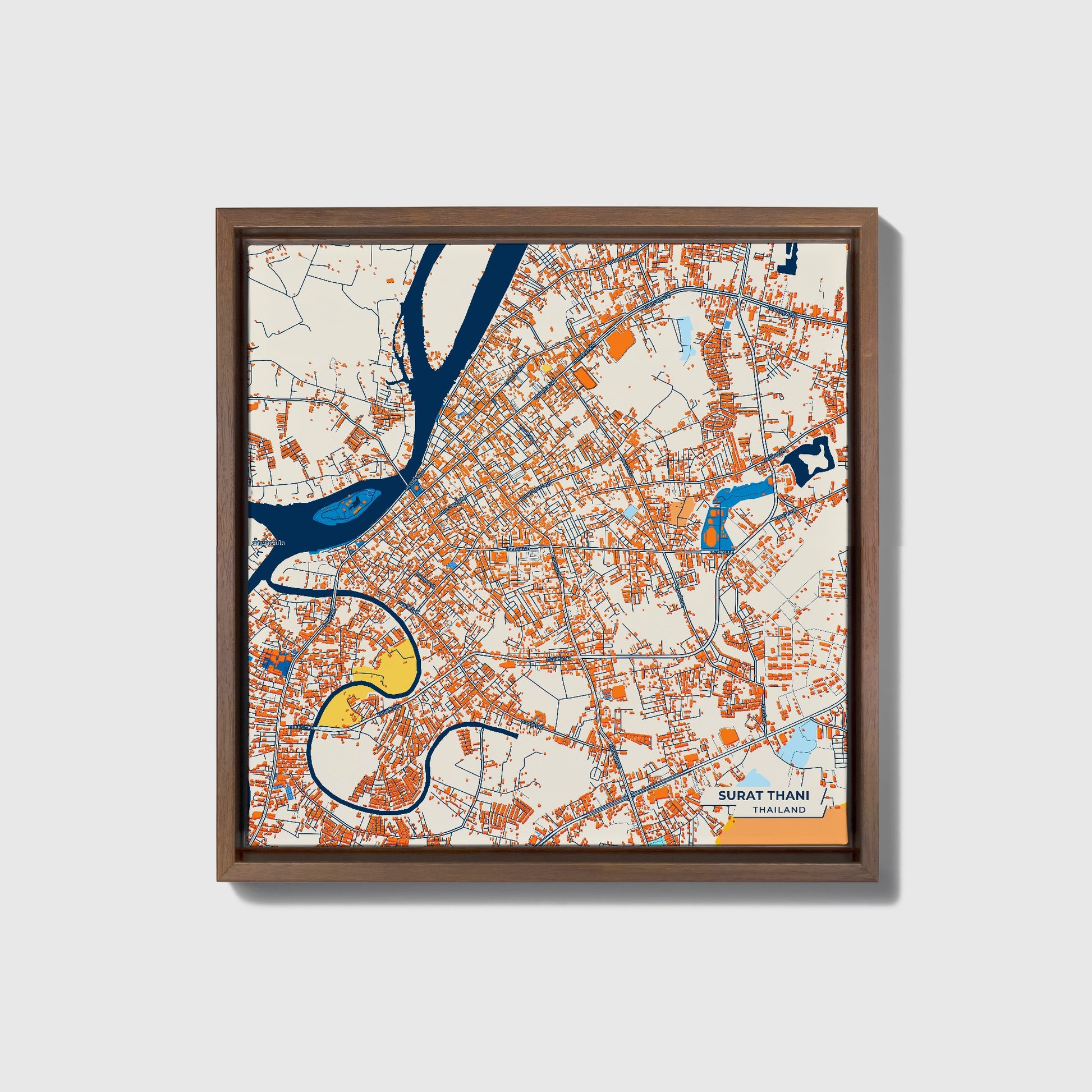 Surat Thani Thailand Colorful City Map Canvas Print • Dark Wooden Framed