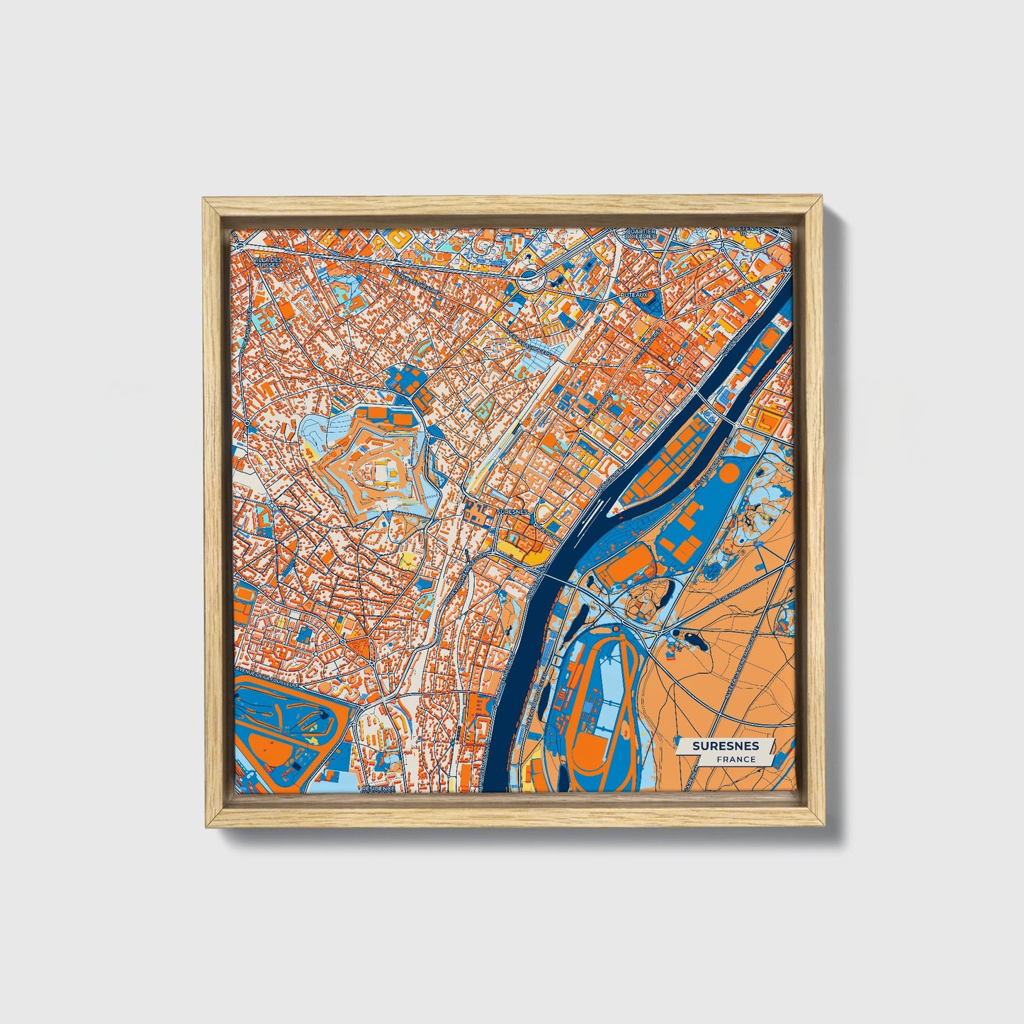 Suresnes France Colorful City Map Canvas Print • Natural Wooden Framed