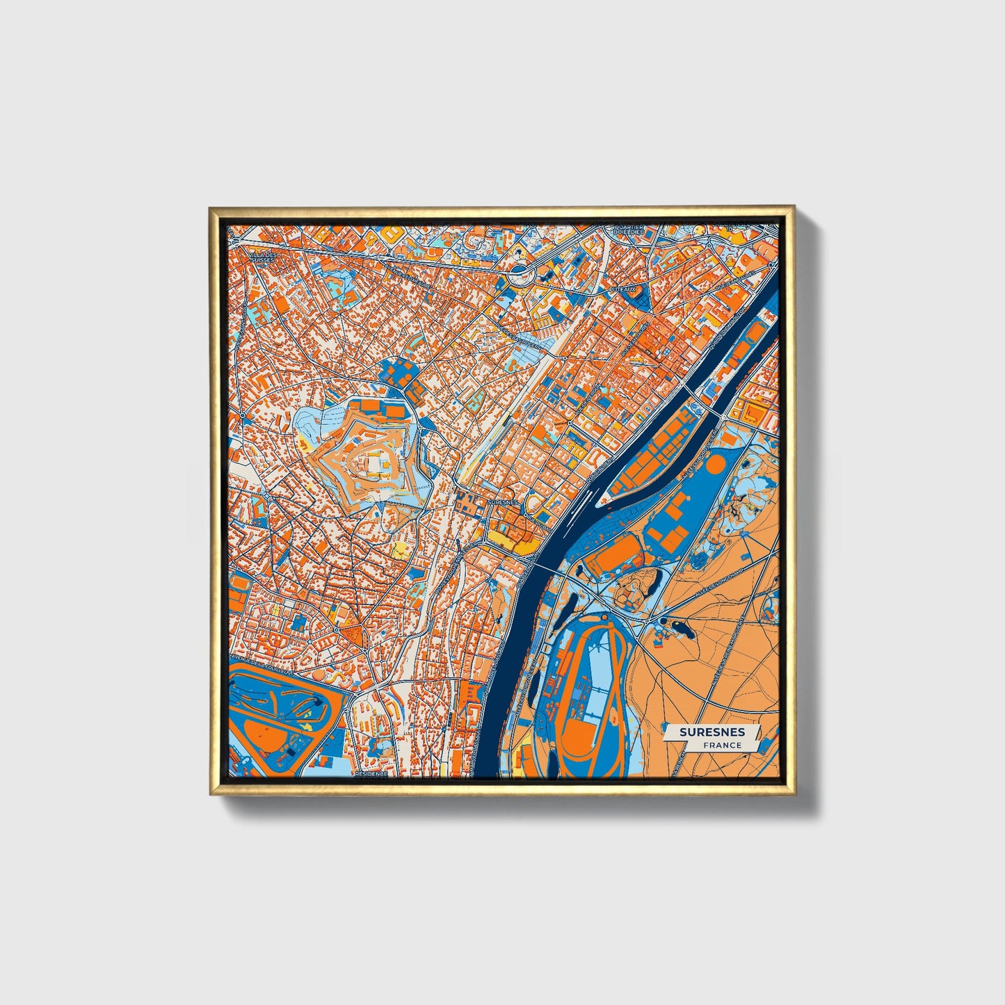 Suresnes France Colorful City Map Canvas Print • Gold Framed