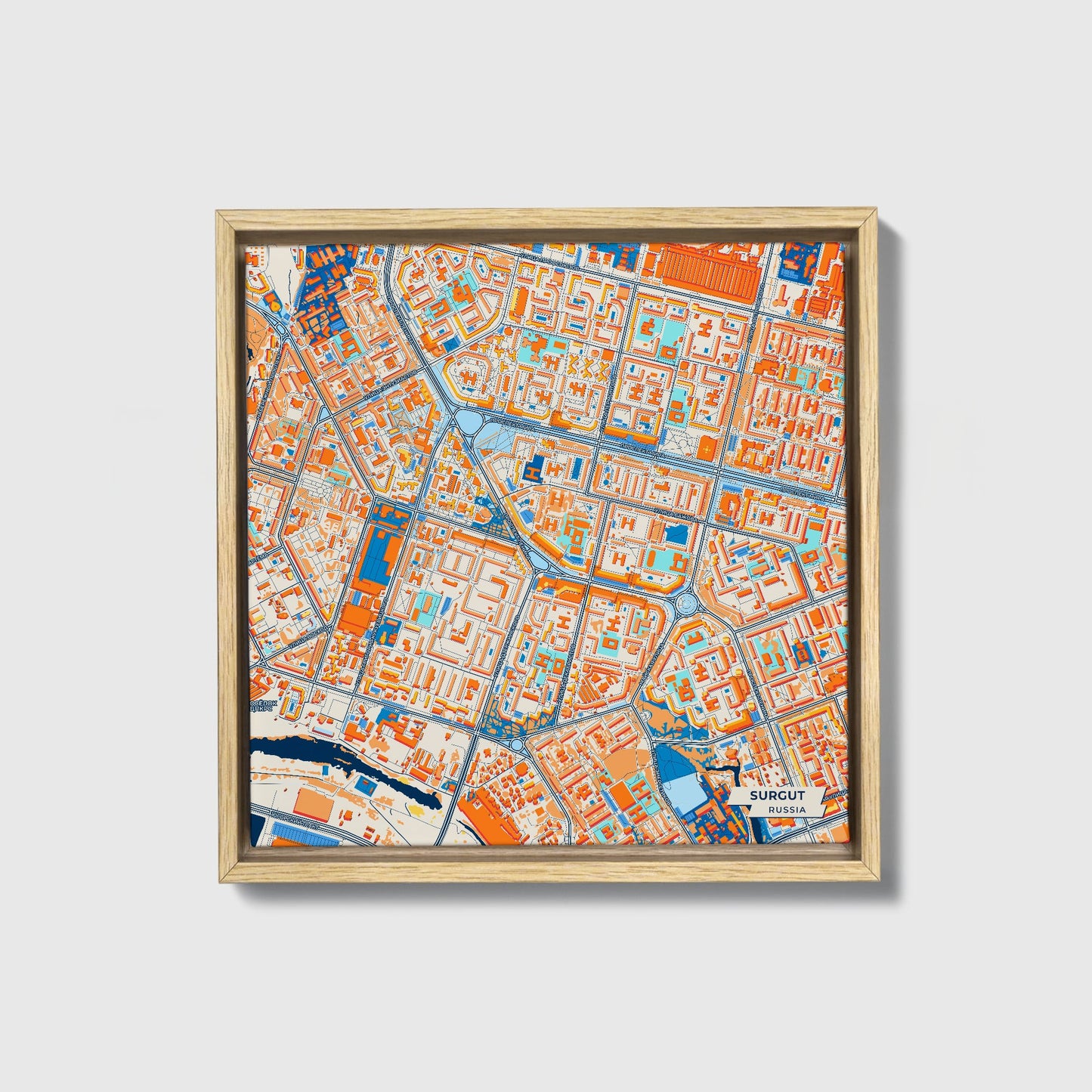 Сургут Russia Colorful City Map Canvas Print • Natural Wooden Framed
