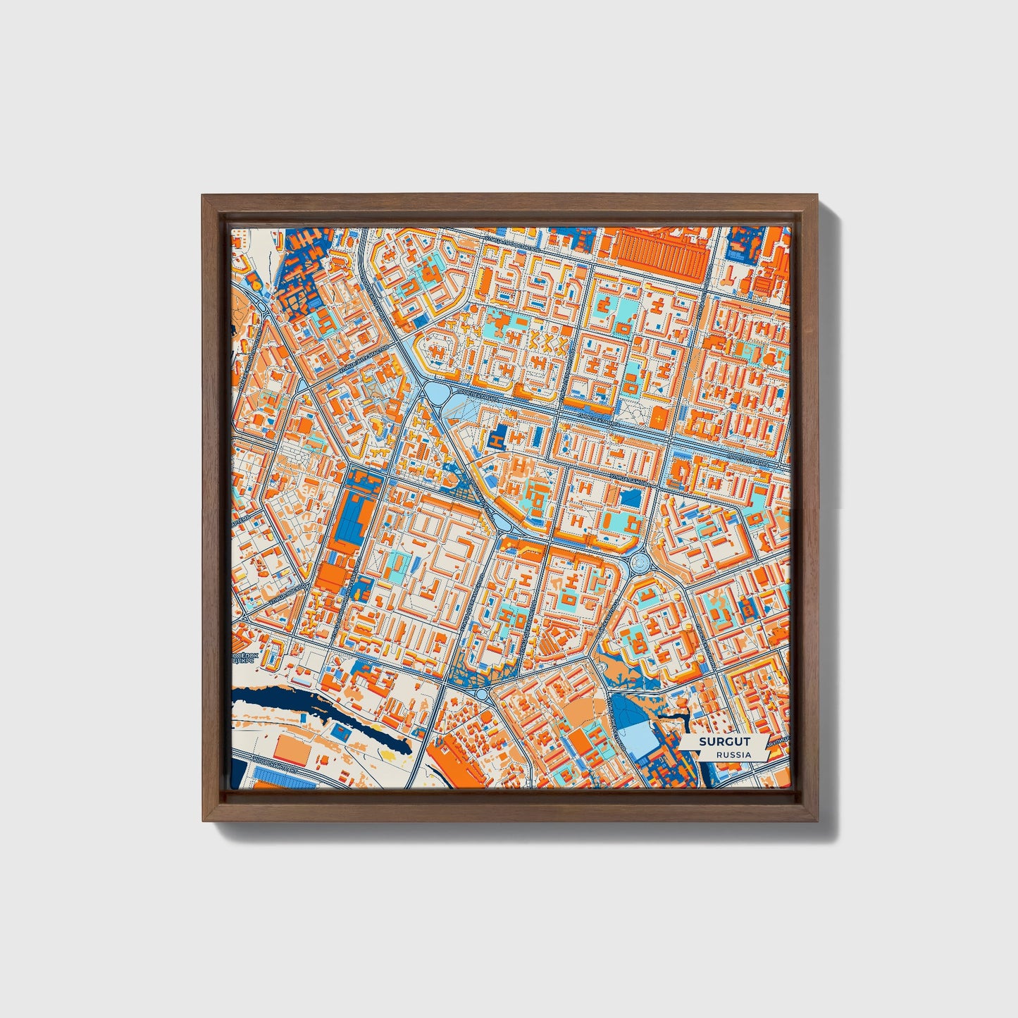 Сургут Russia Colorful City Map Canvas Print • Dark Wooden Framed