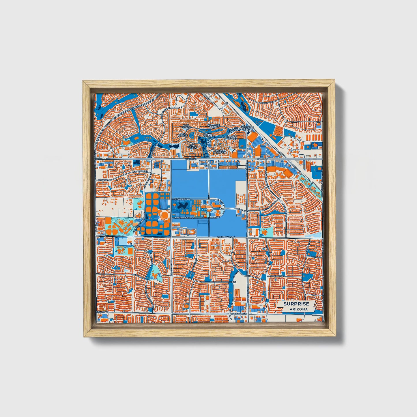 Surprise Arizona Colorful City Map Canvas Print • Natural Wooden Framed