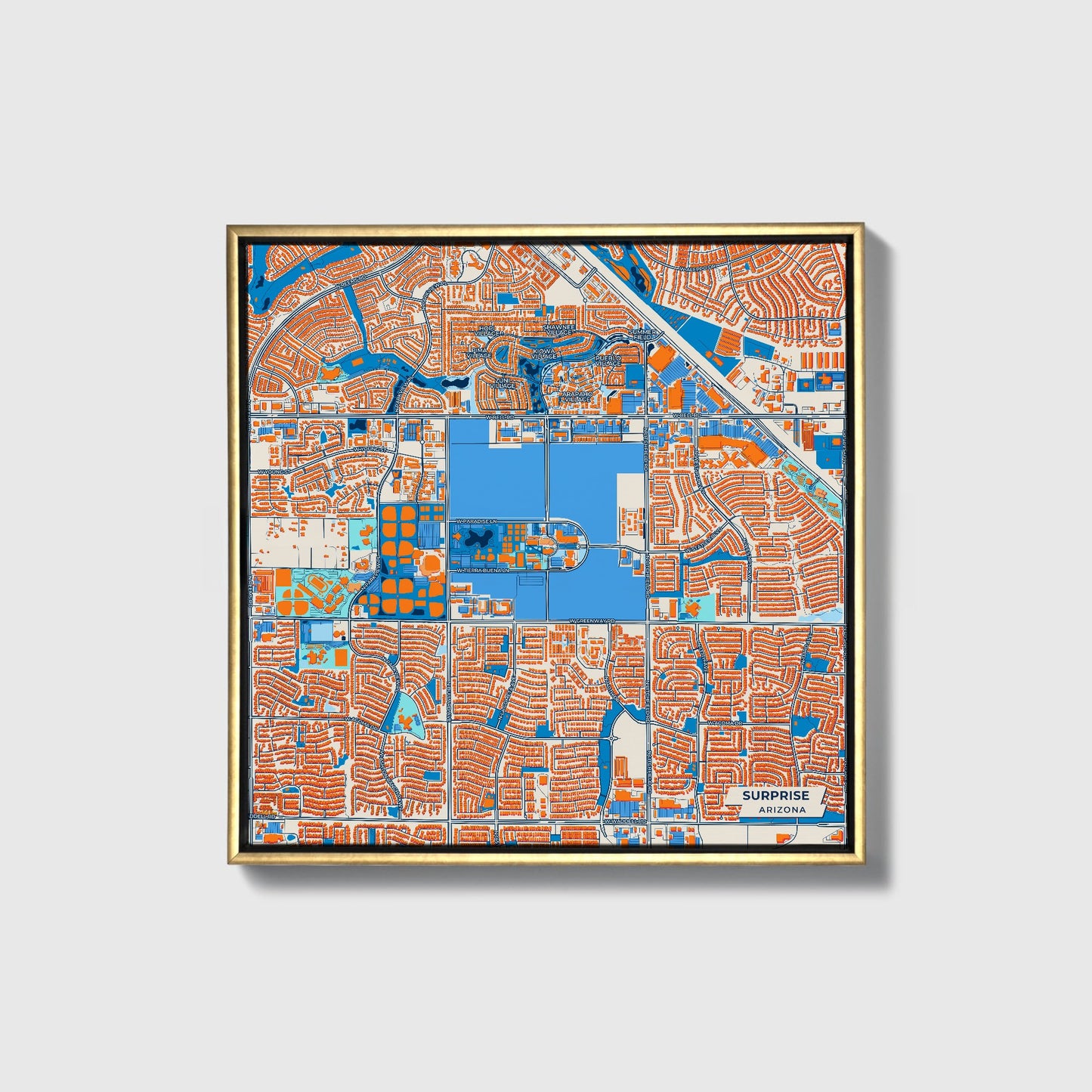 Surprise Arizona Colorful City Map Canvas Print • Gold Framed
