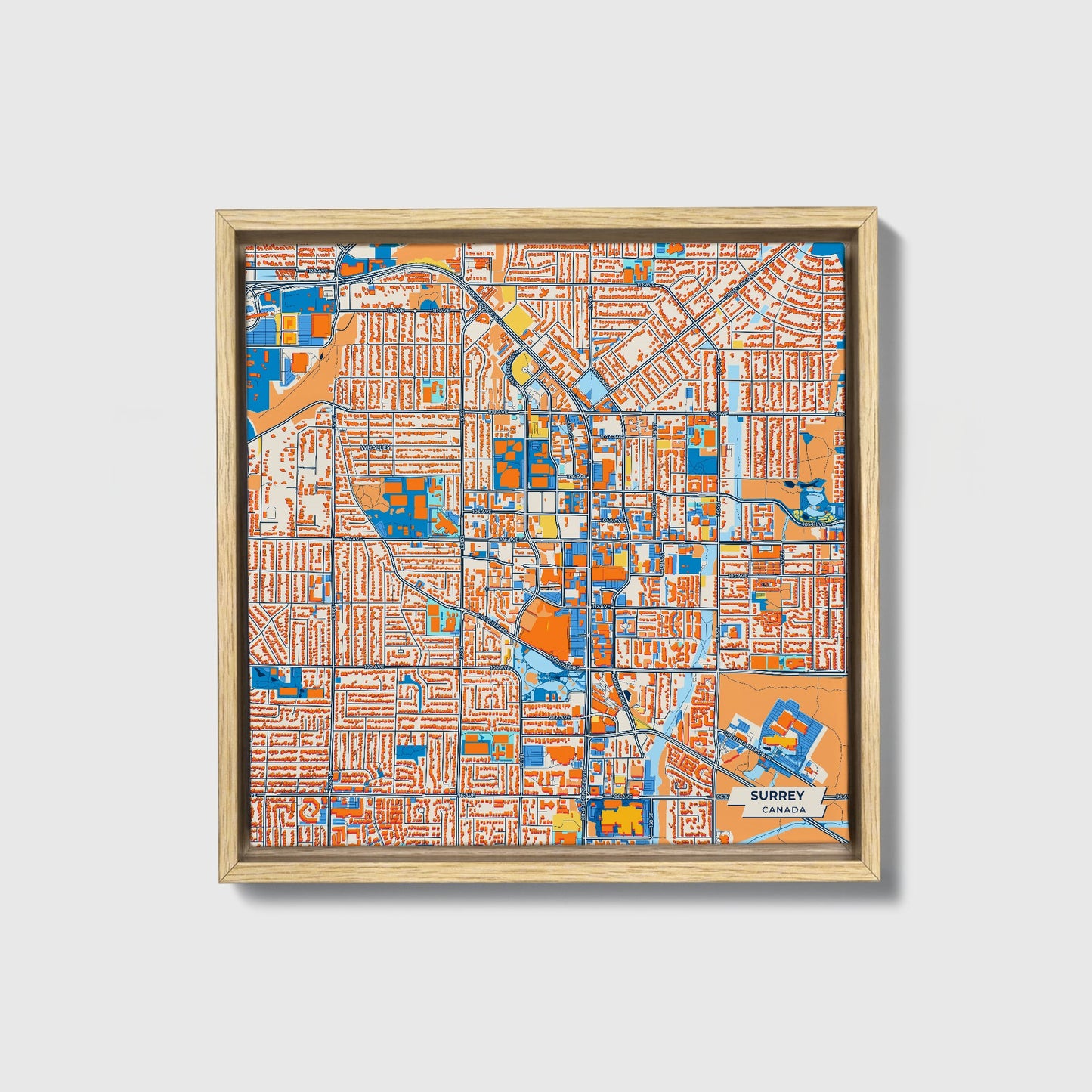 Surrey Canada Colorful City Map Canvas Print • Natural Wooden Framed