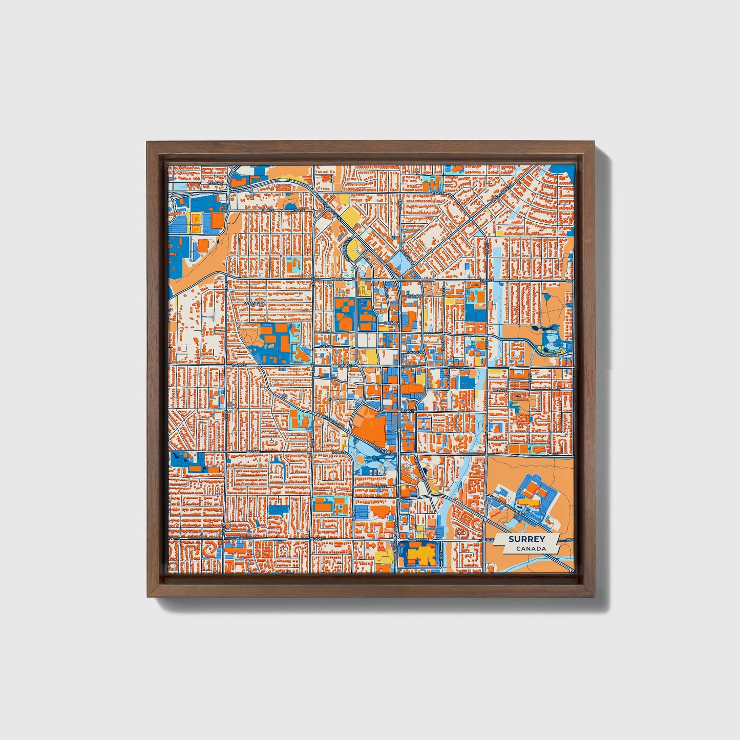 Surrey Canada Colorful City Map Canvas Print • Dark Wooden Framed
