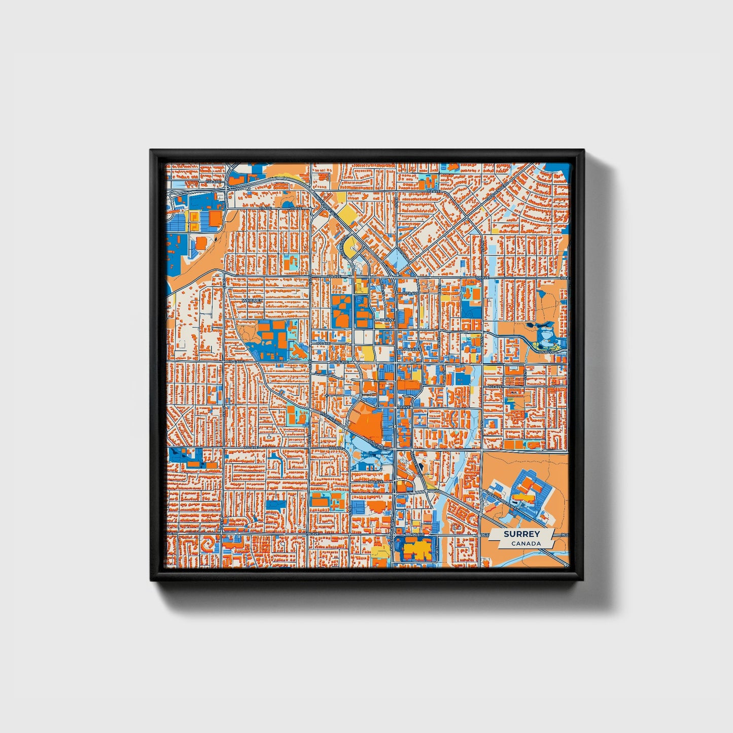 Surrey Canada Colorful City Map Canvas Print • Black Framed