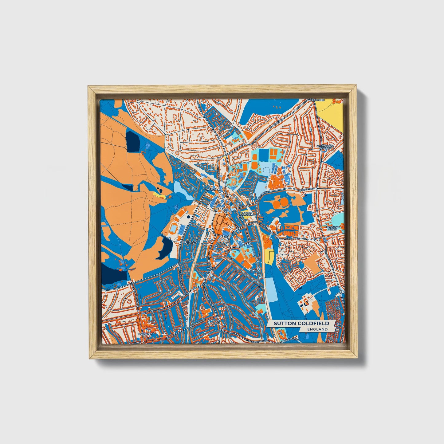 Sutton Coldfield England Colorful City Map Canvas Print • Natural Wooden Framed
