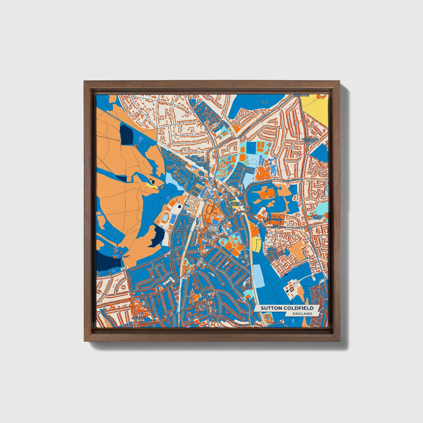 Sutton Coldfield England Colorful City Map Canvas Print • Dark Wooden Framed