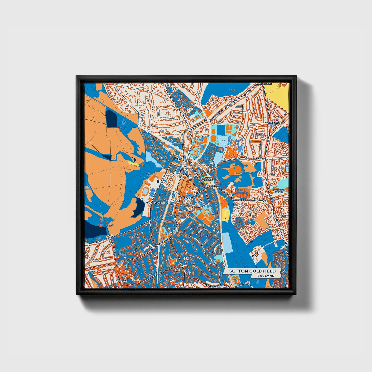 Sutton Coldfield England Colorful City Map Canvas Print • Black Framed