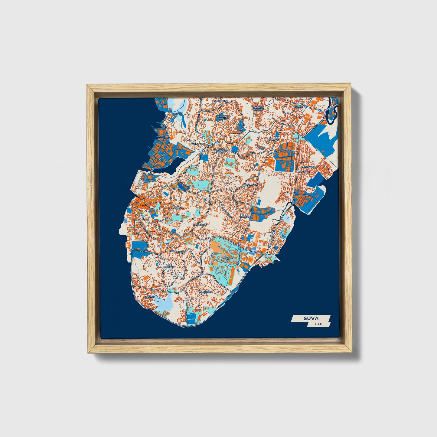 Suva Fiji Colorful City Map Canvas Print • Natural Wooden Framed