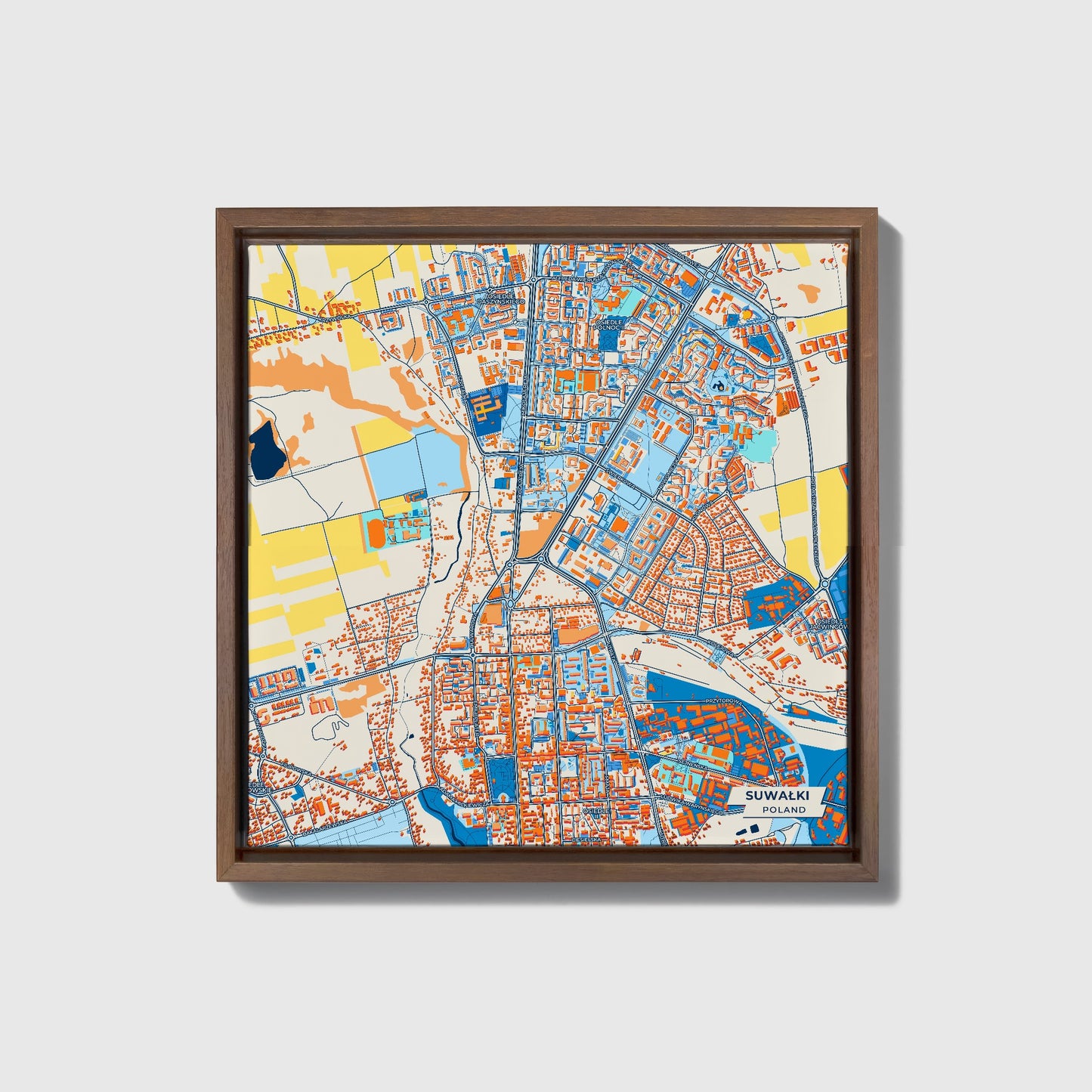 Suwałki Poland Colorful City Map Canvas Print • Dark Wooden Framed