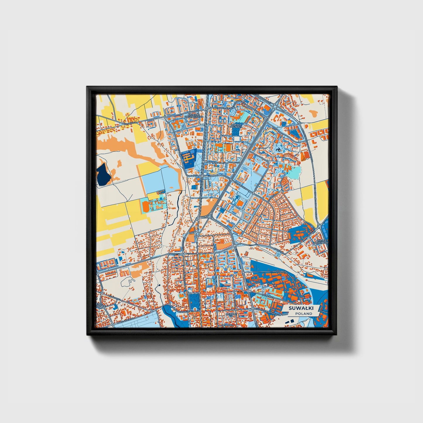 Suwałki Poland Colorful City Map Canvas Print • Black Framed