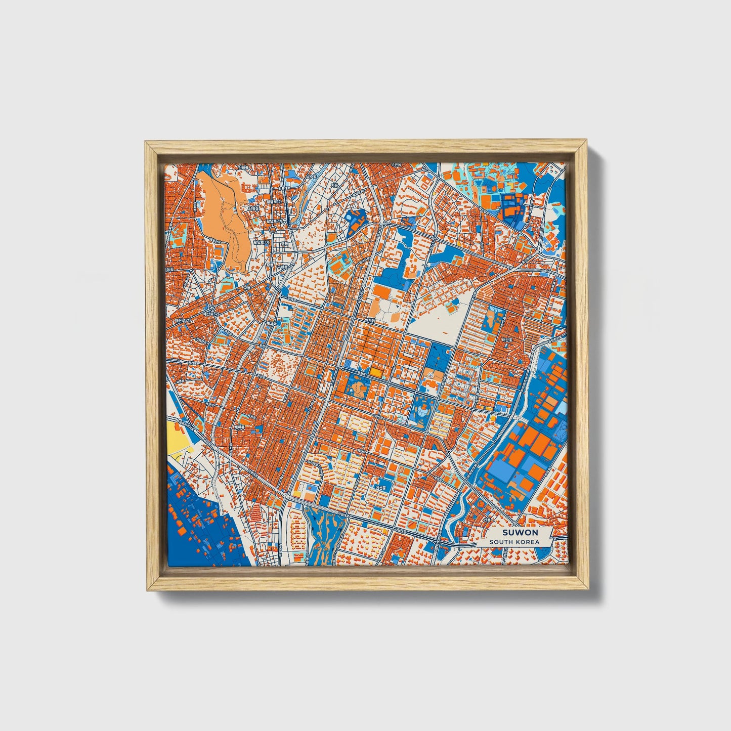 Suwon South Korea Colorful City Map Canvas Print • Natural Wooden Framed
