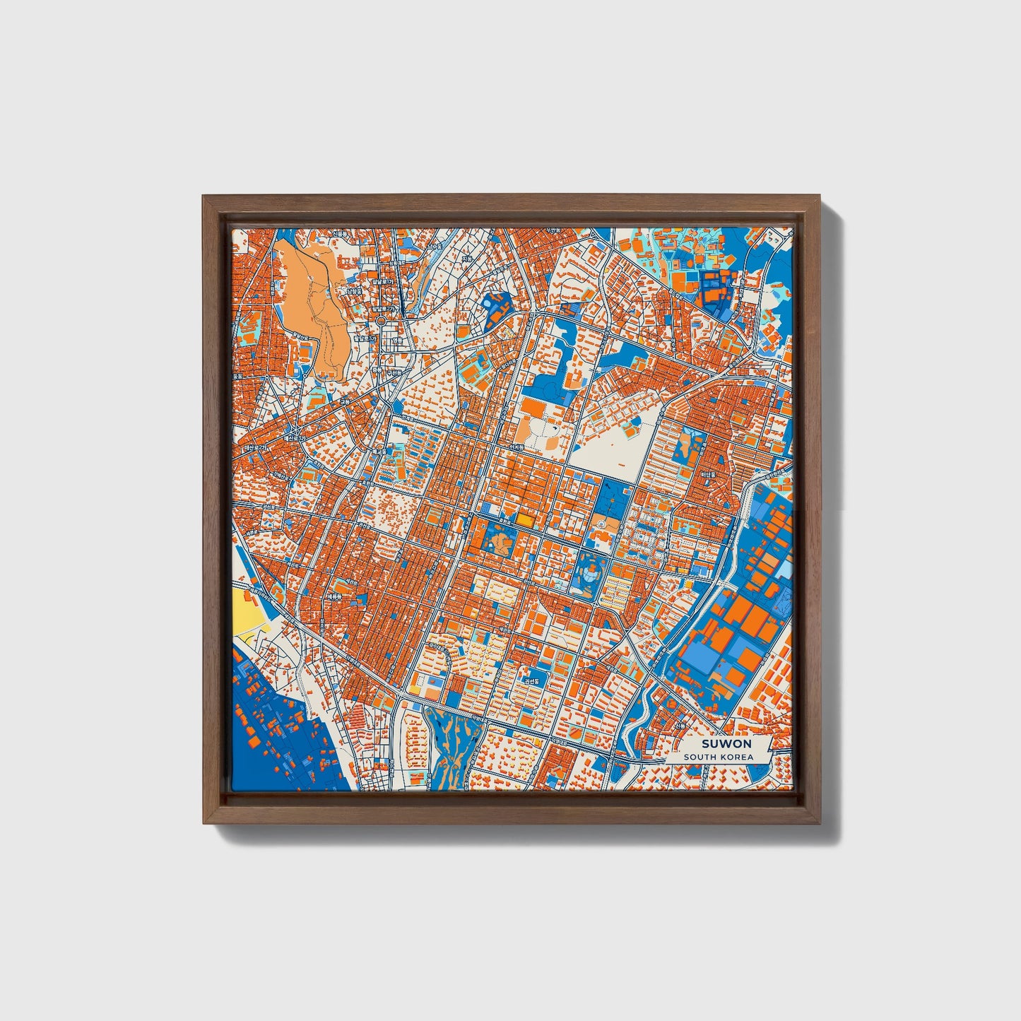 Suwon South Korea Colorful City Map Canvas Print • Dark Wooden Framed