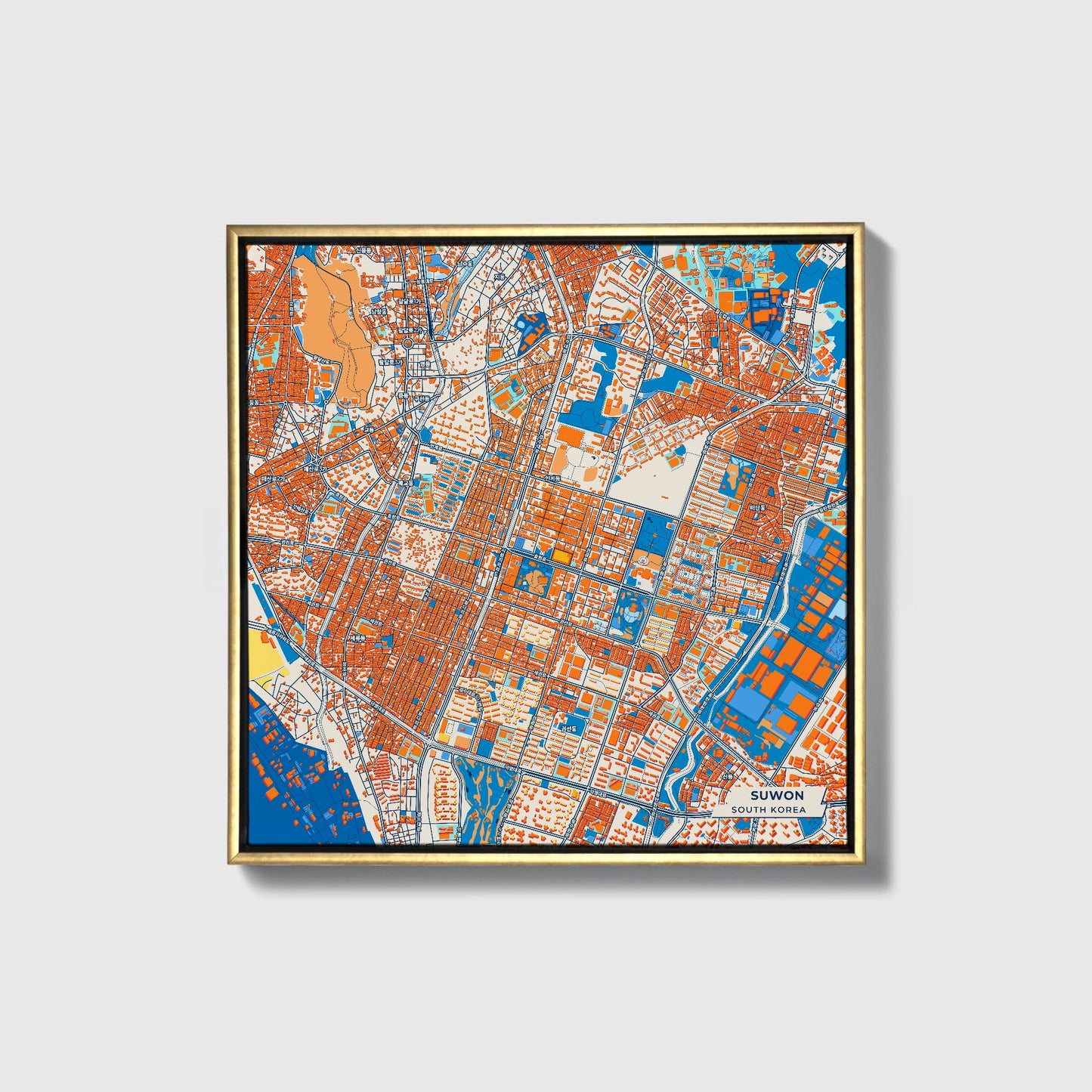 Suwon South Korea Colorful City Map Canvas Print • Gold Framed