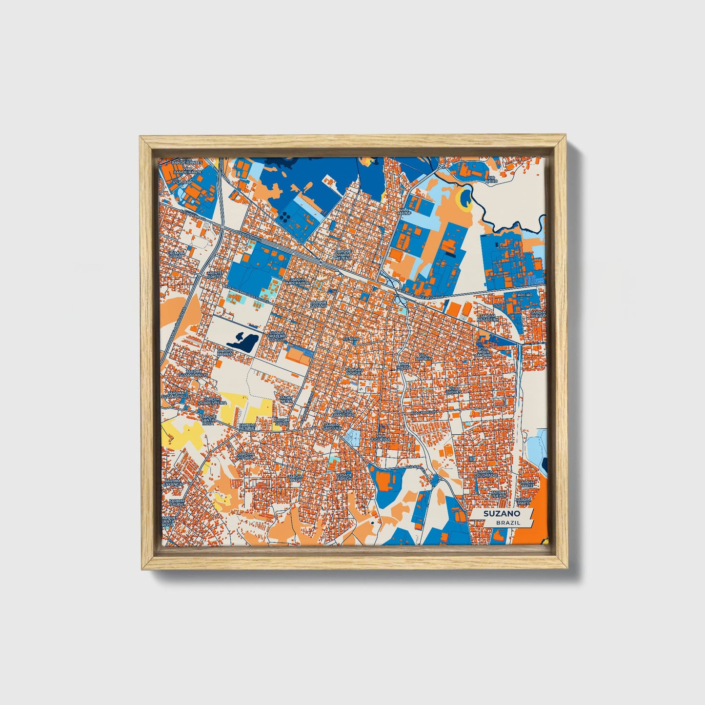 Suzano Brazil Colorful City Map Canvas Print • Natural Wooden Framed
