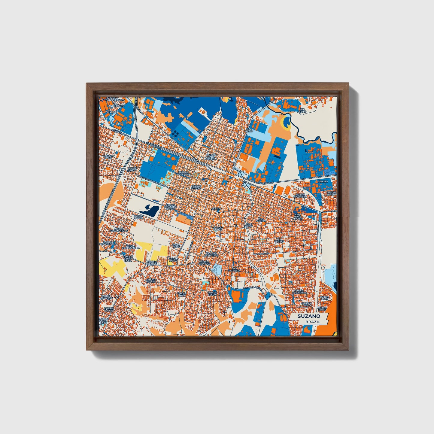 Suzano Brazil Colorful City Map Canvas Print • Dark Wooden Framed
