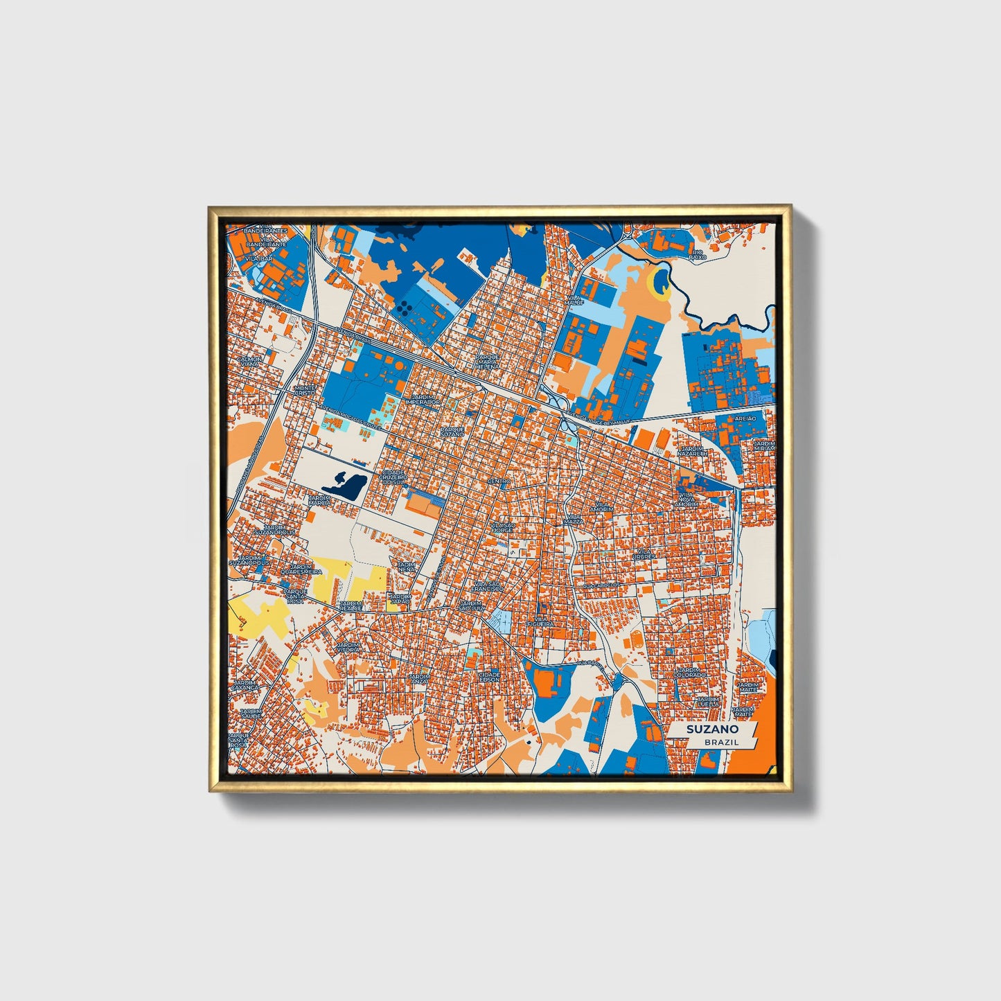 Suzano Brazil Colorful City Map Canvas Print • Gold Framed