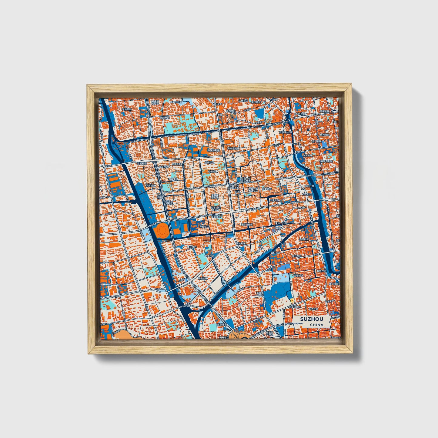Suzhou China Colorful City Map Canvas Print • Natural Wooden Framed