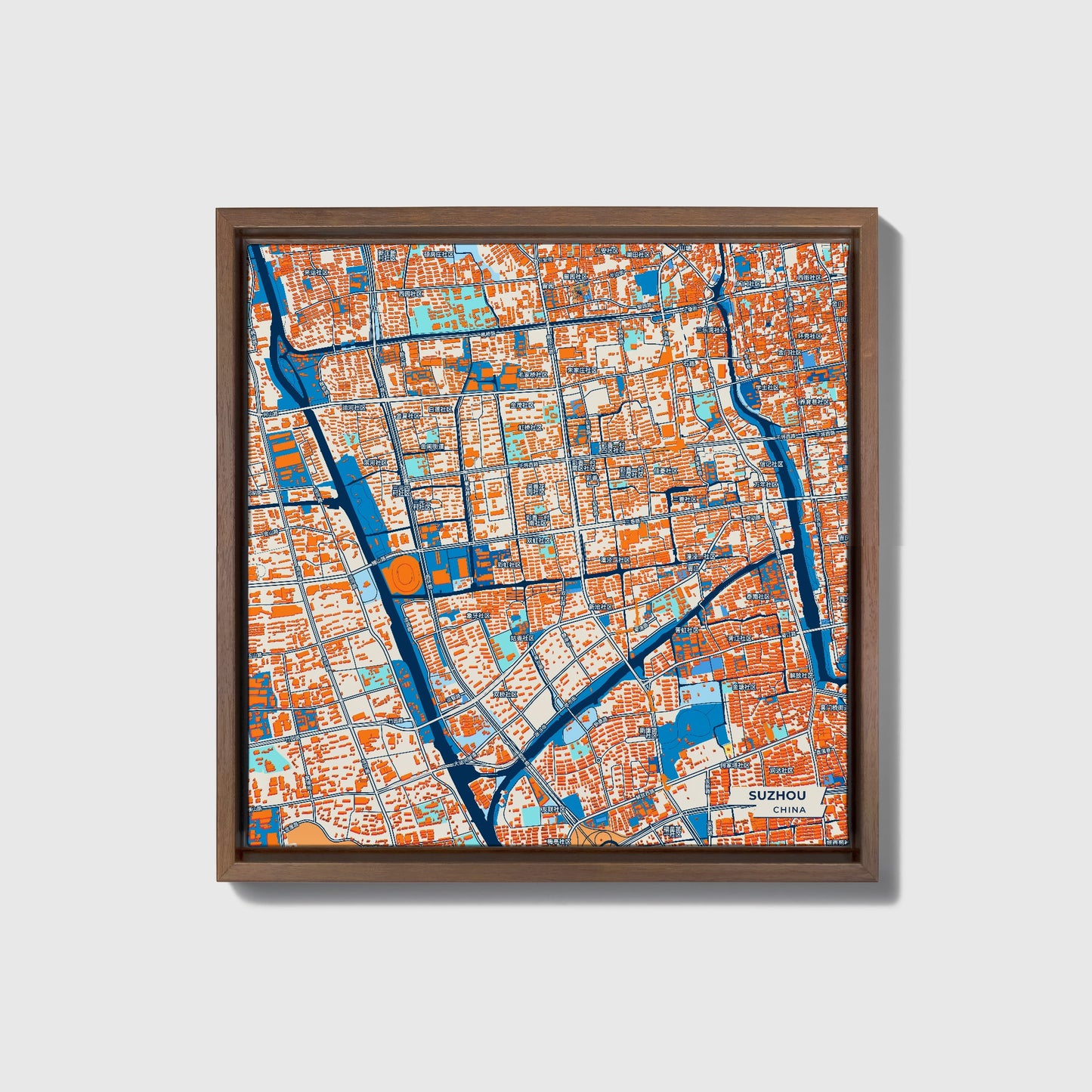 Suzhou China Colorful City Map Canvas Print • Dark Wooden Framed