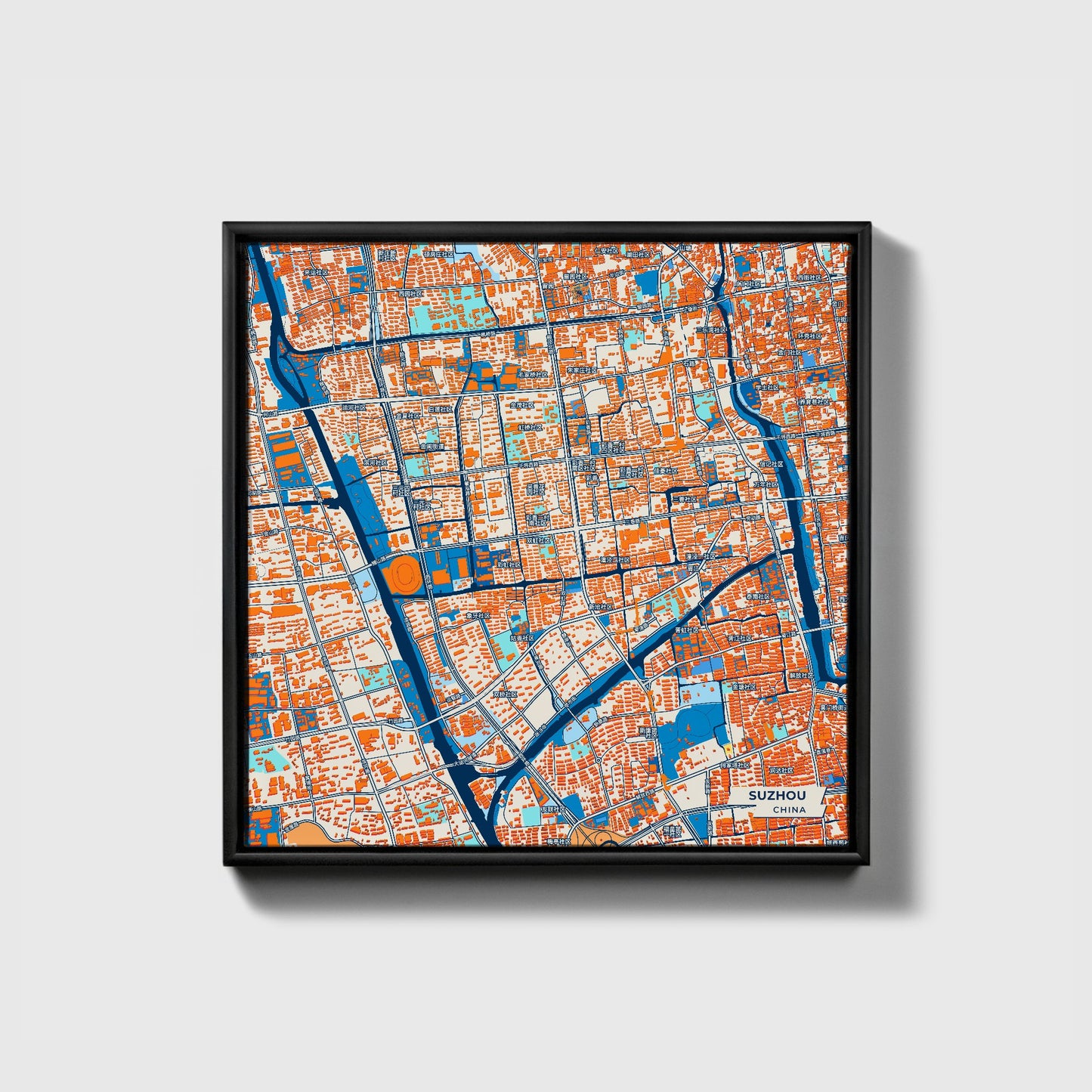 Suzhou China Colorful City Map Canvas Print • Black Framed