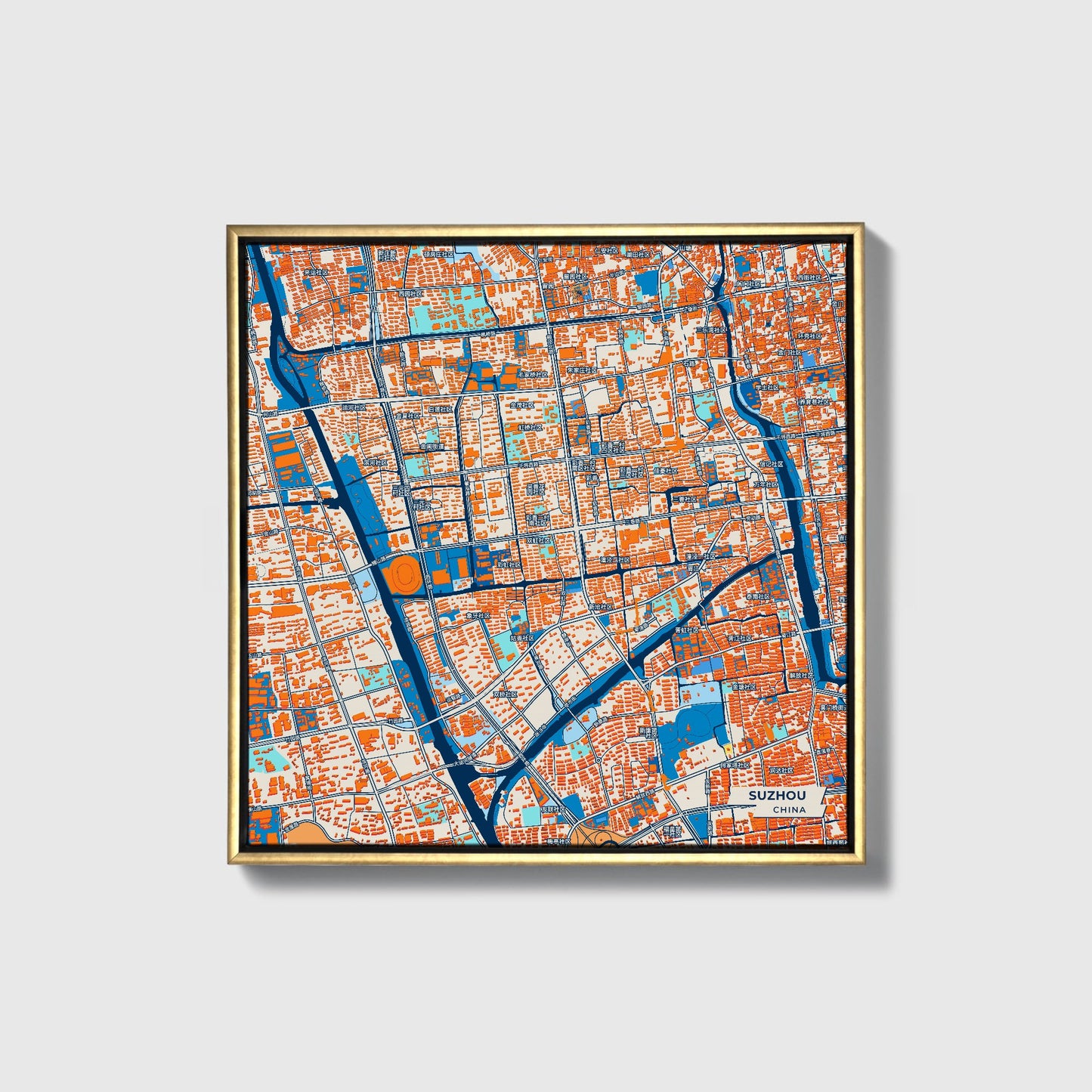 Suzhou China Colorful City Map Canvas Print • Gold Framed
