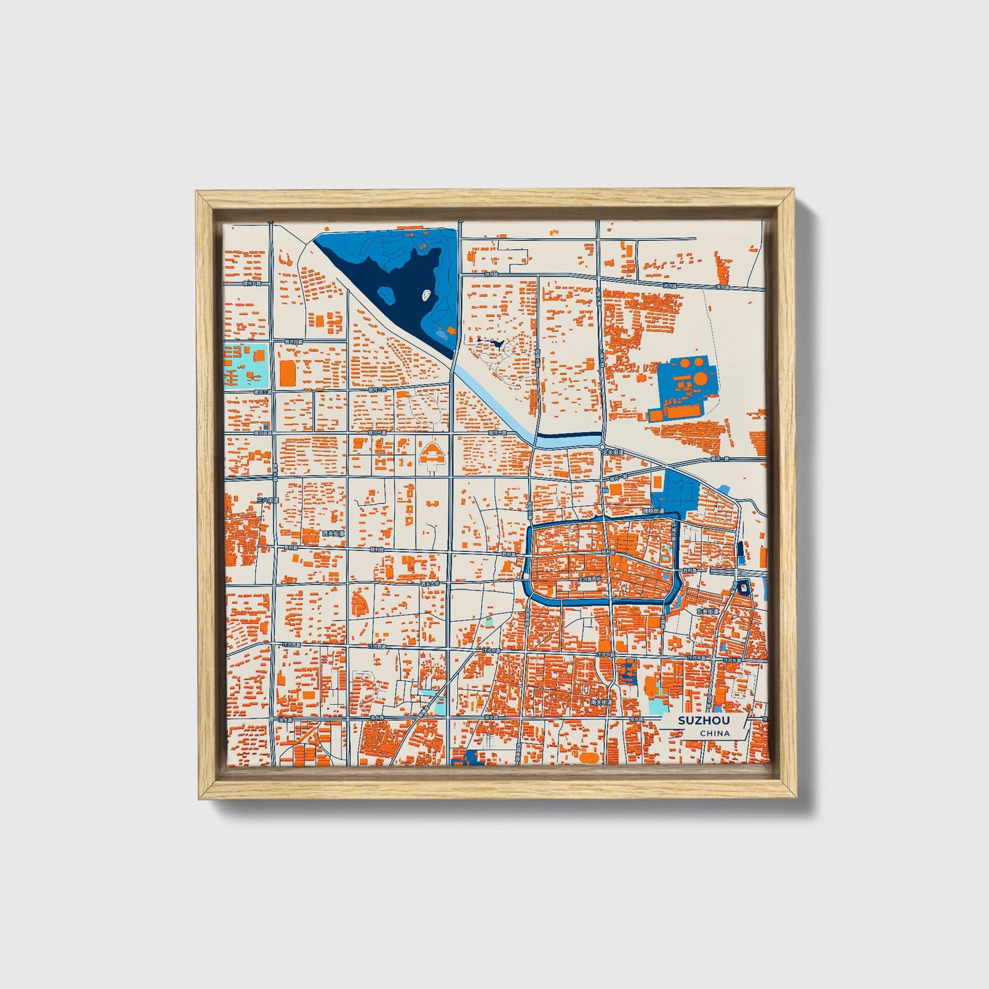 Suzhou China Colorful City Map Canvas Print • Natural Wooden Framed