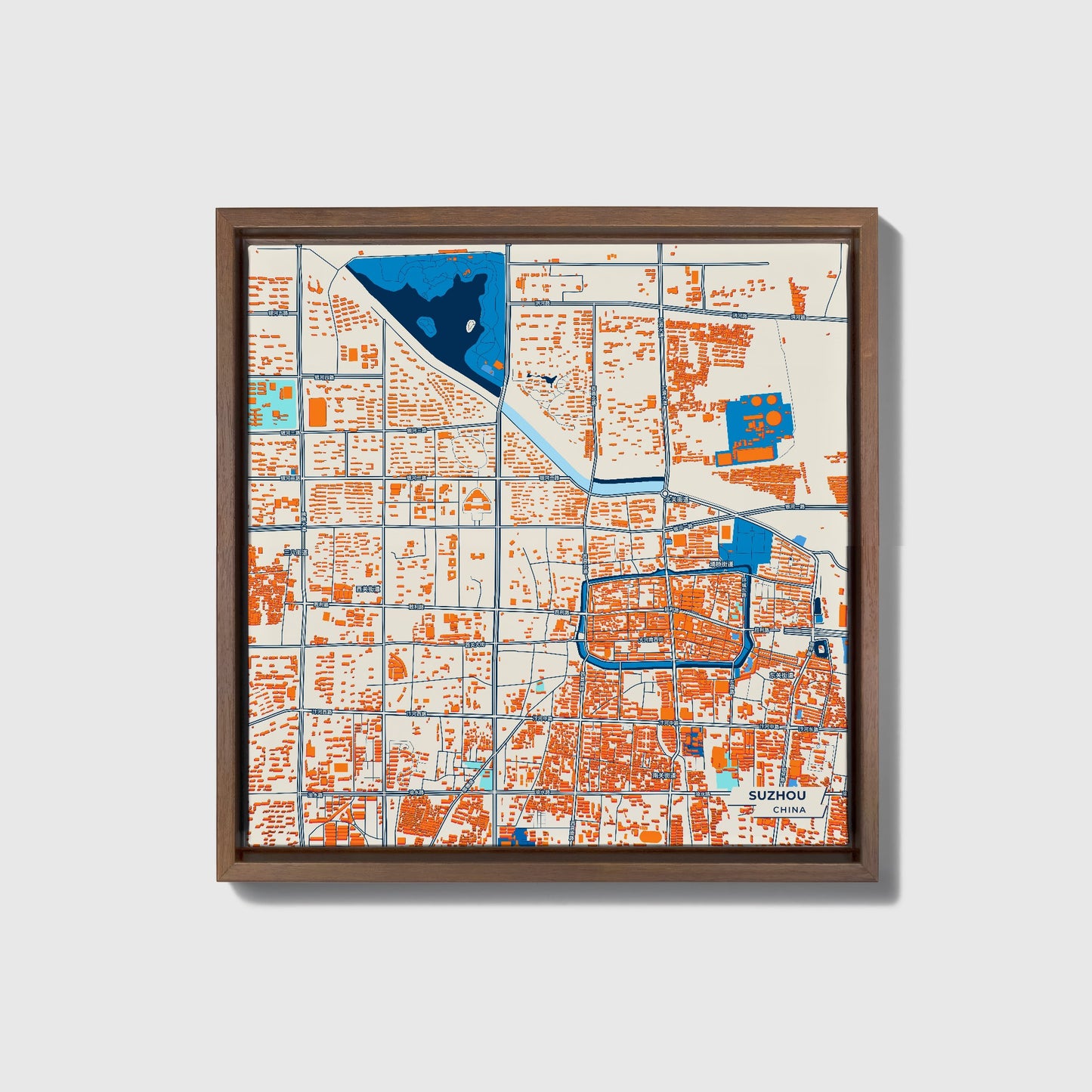 Suzhou China Colorful City Map Canvas Print • Dark Wooden Framed