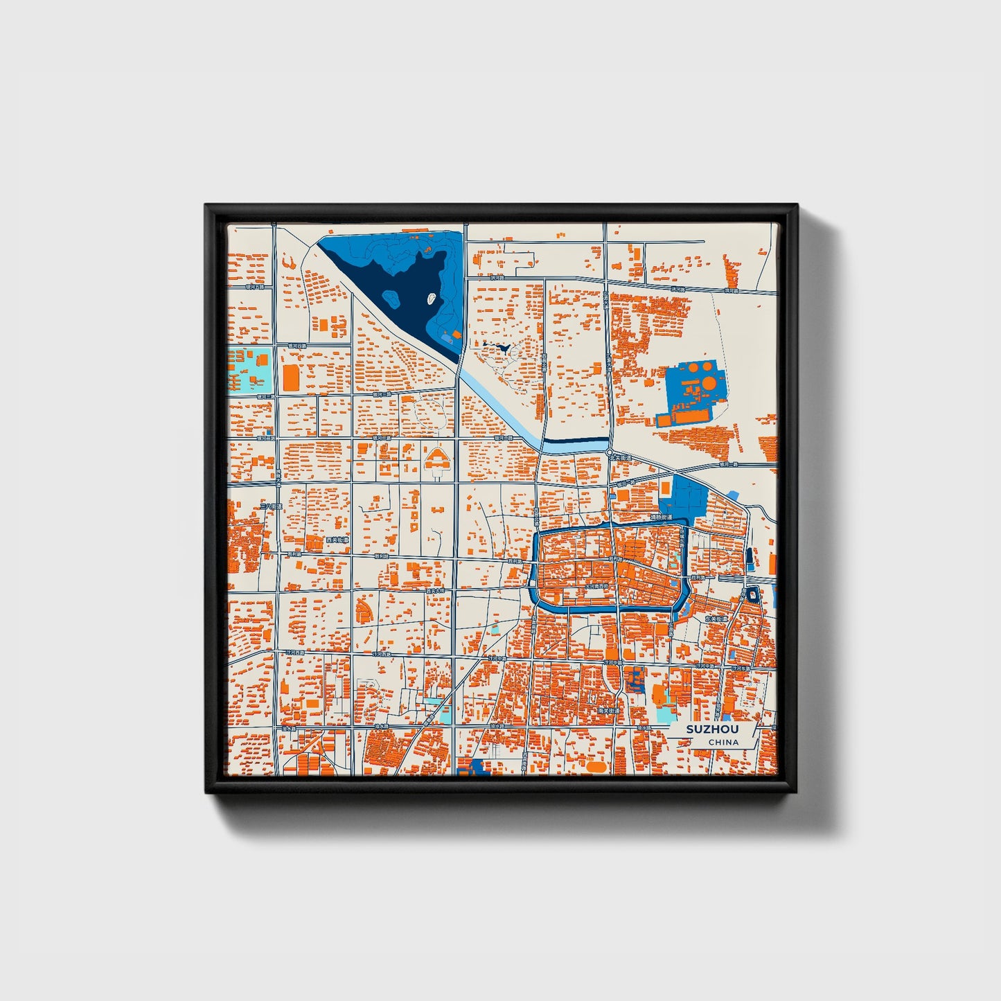 Suzhou China Colorful City Map Canvas Print • Black Framed