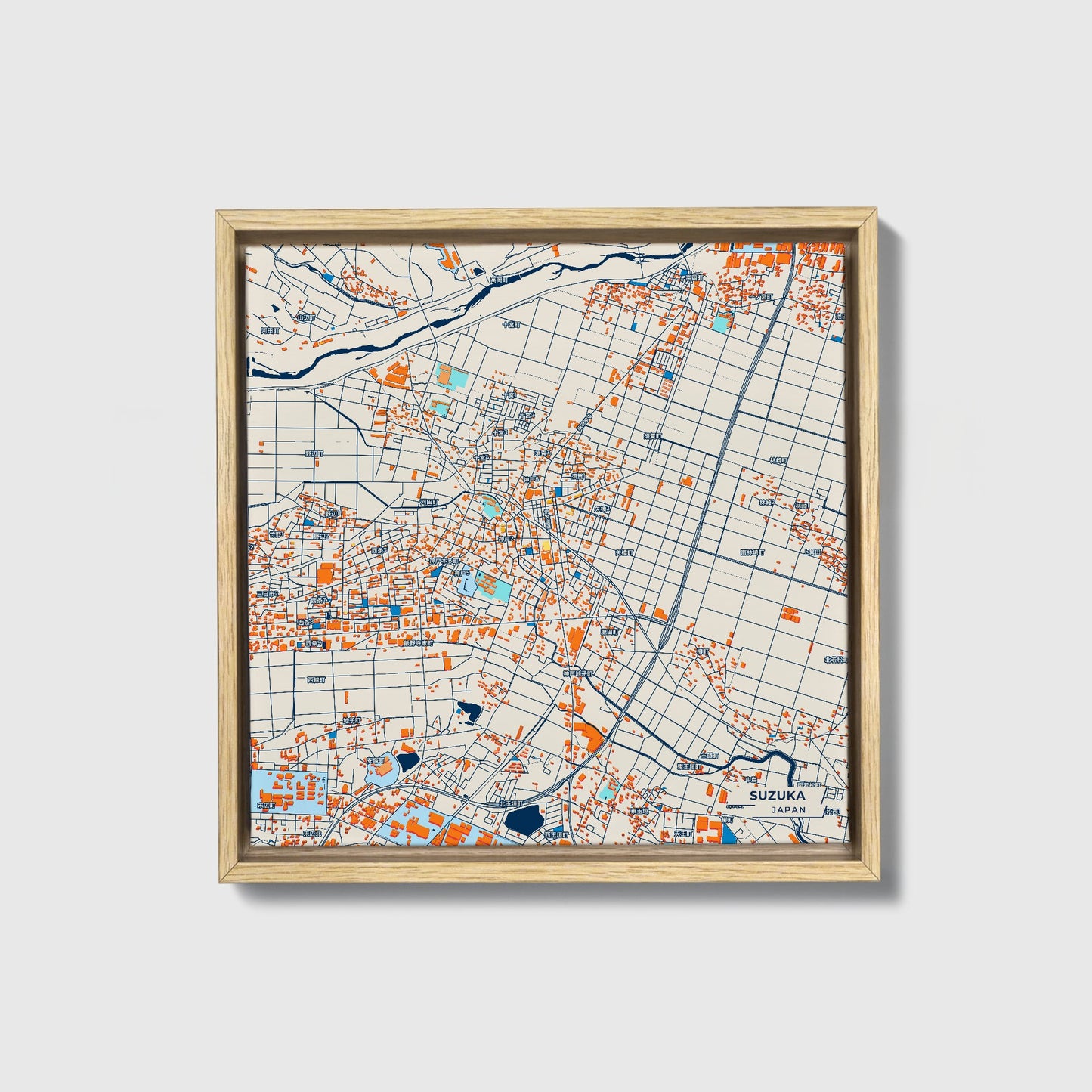 Suzuka Japan Colorful City Map Canvas Print • Natural Wooden Framed