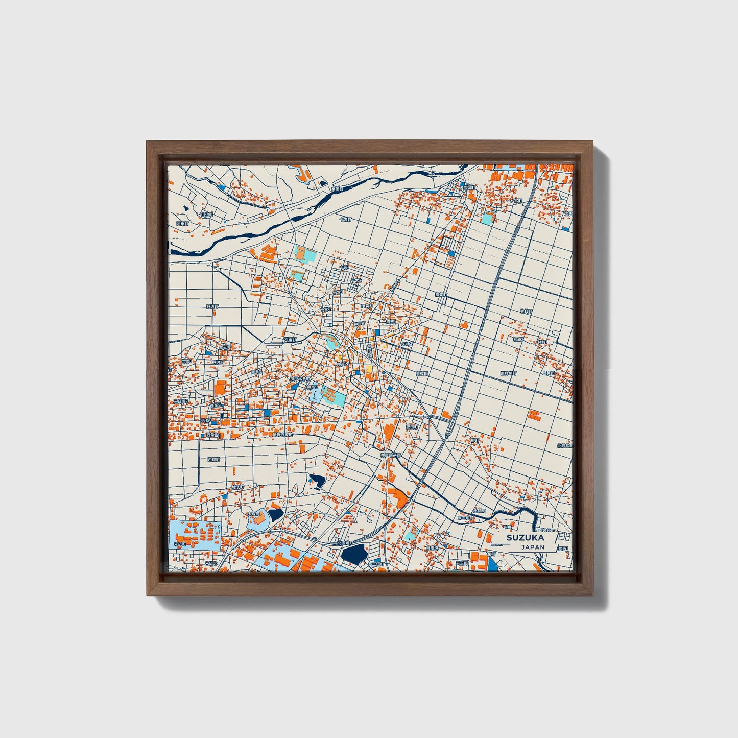 Suzuka Japan Colorful City Map Canvas Print • Dark Wooden Framed