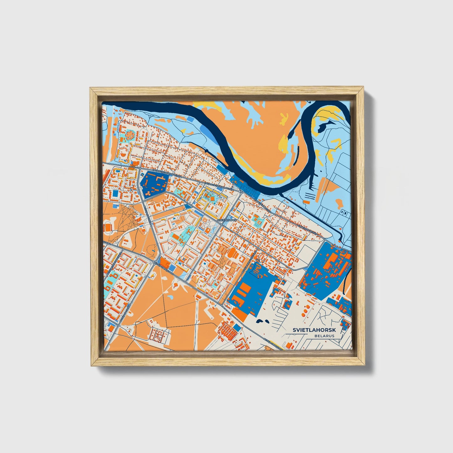 Svietlahorsk Belarus Colorful City Map Canvas Print • Natural Wooden Framed
