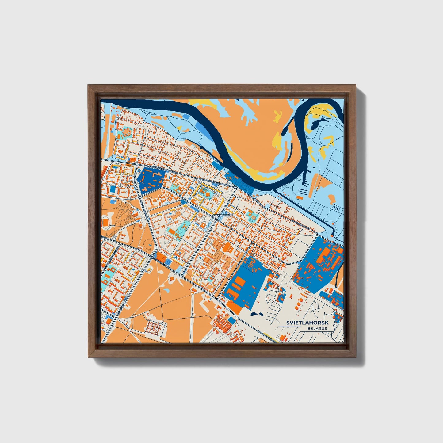 Svietlahorsk Belarus Colorful City Map Canvas Print • Dark Wooden Framed