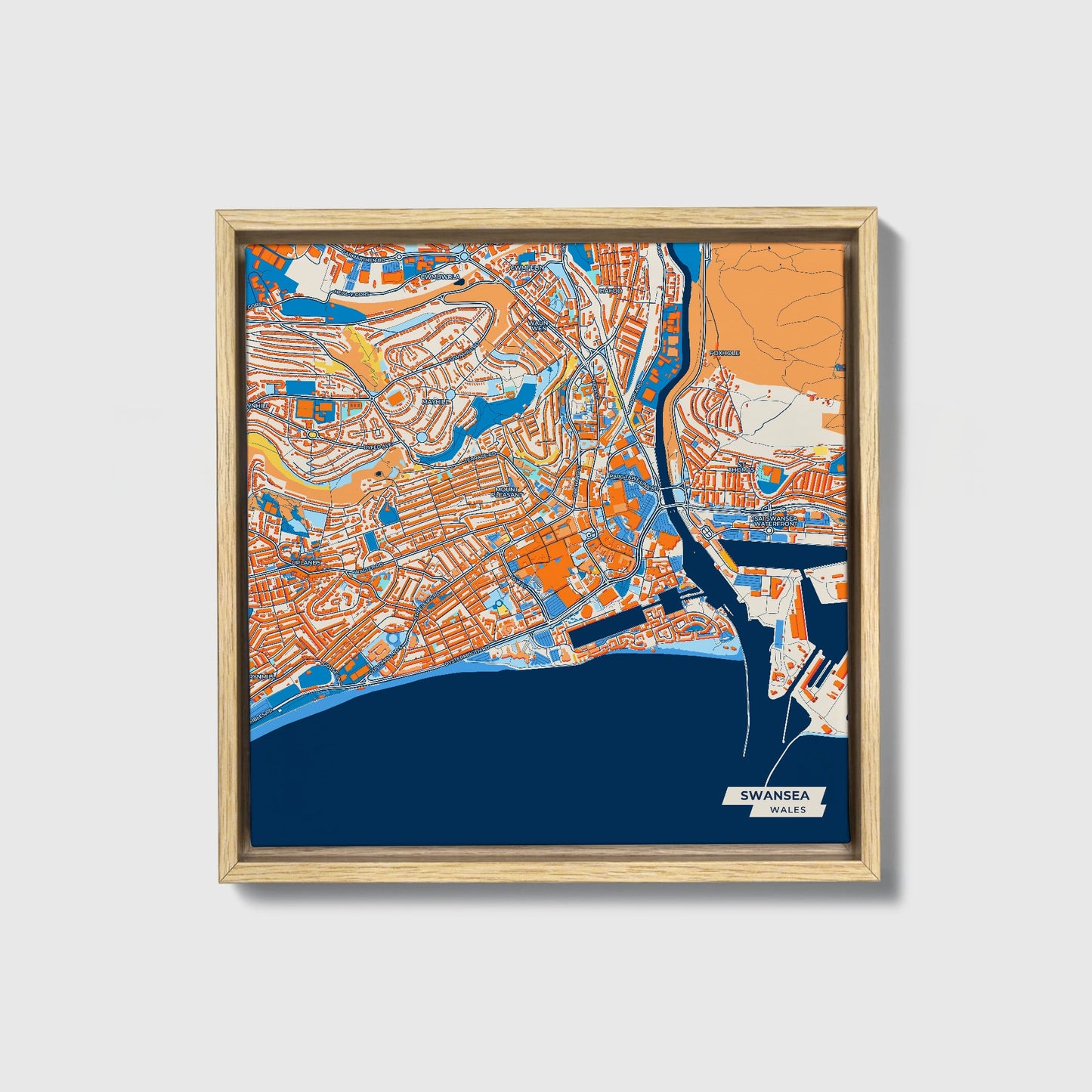Swansea Wales Colorful City Map Canvas Print • Natural Wooden Framed