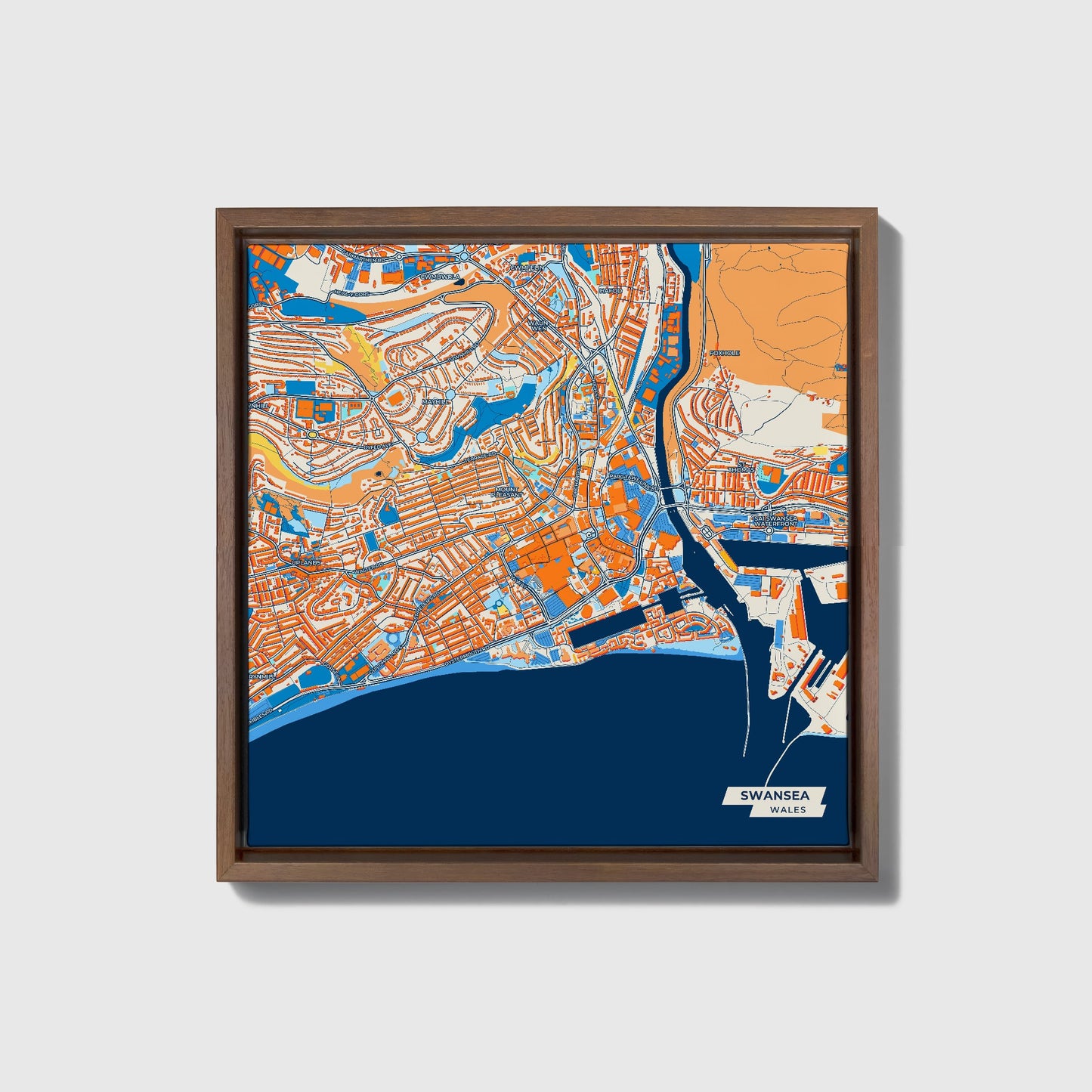Swansea Wales Colorful City Map Canvas Print • Dark Wooden Framed