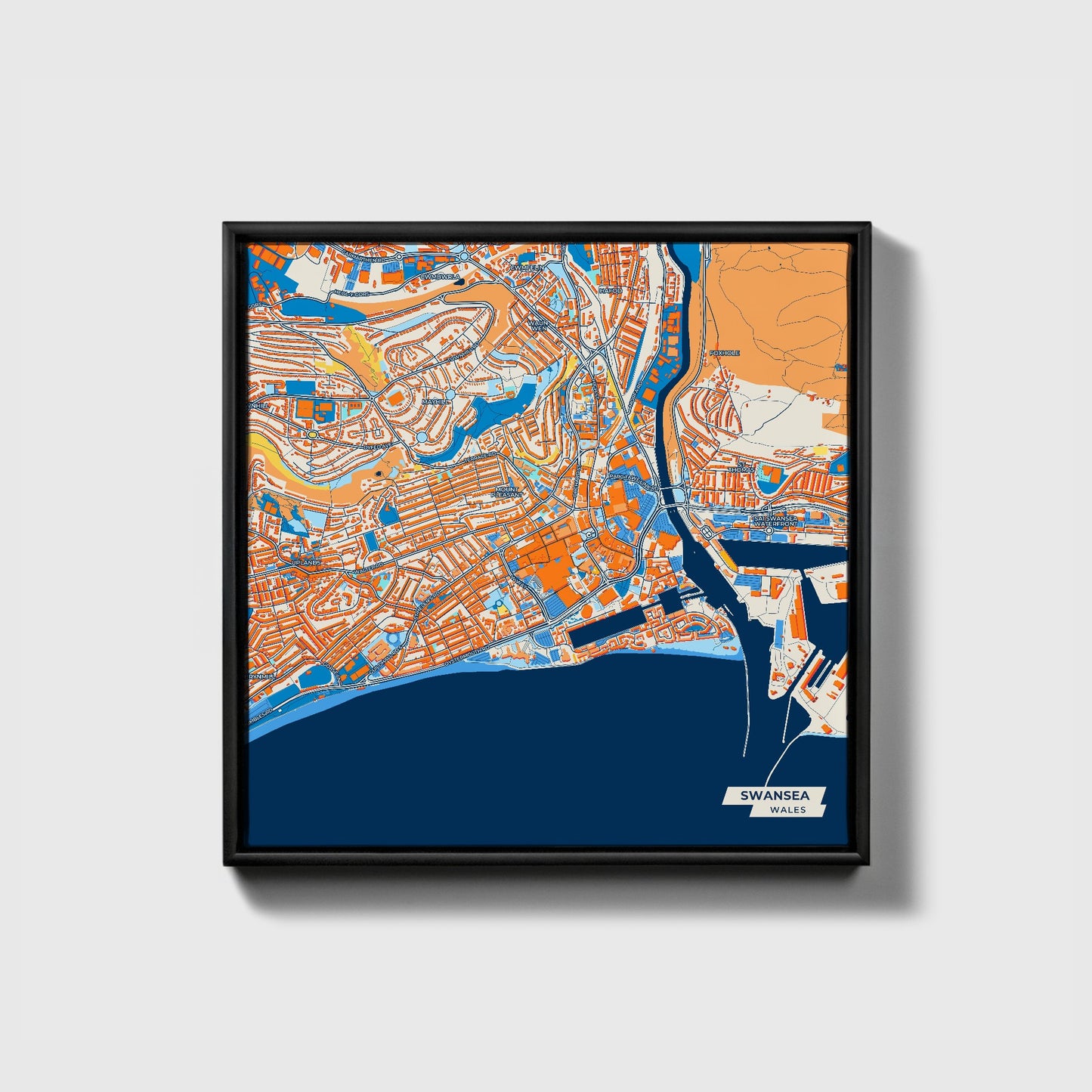 Swansea Wales Colorful City Map Canvas Print • Black Framed