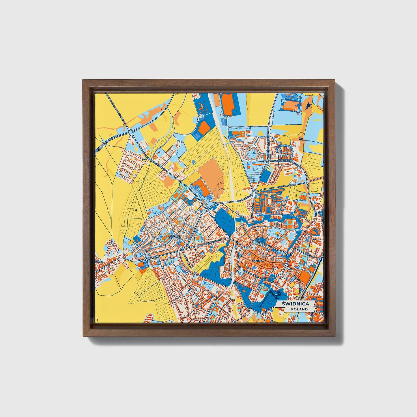 Świdnica Poland Colorful City Map Canvas Print • Dark Wooden Framed