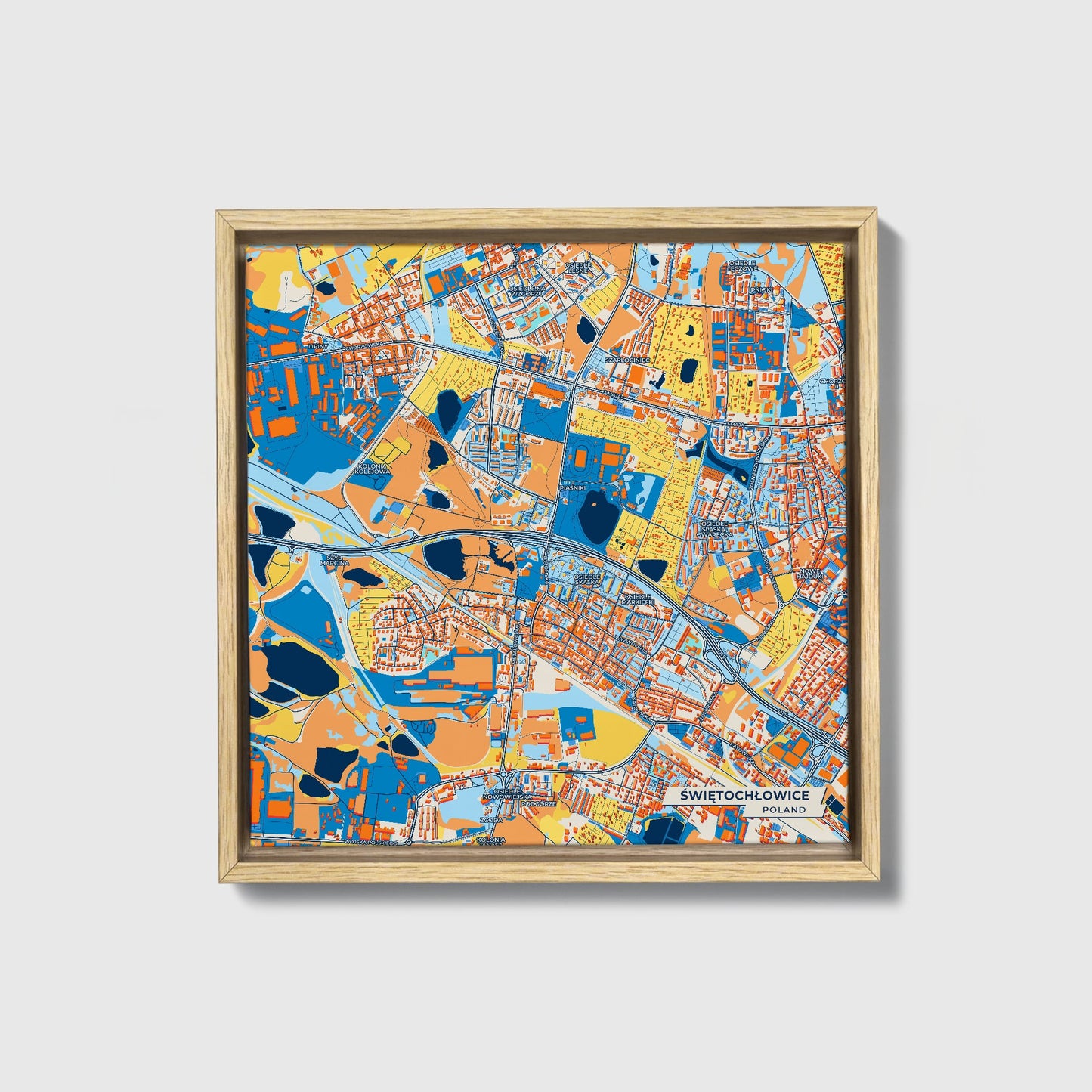 Świętochłowice Poland Colorful City Map Canvas Print • Natural Wooden Framed