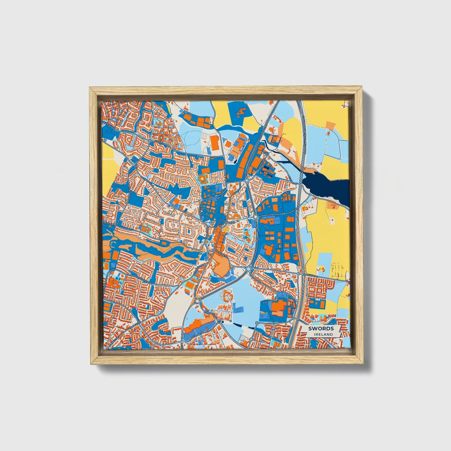 Swords Ireland Colorful City Map Canvas Print • Natural Wooden Framed