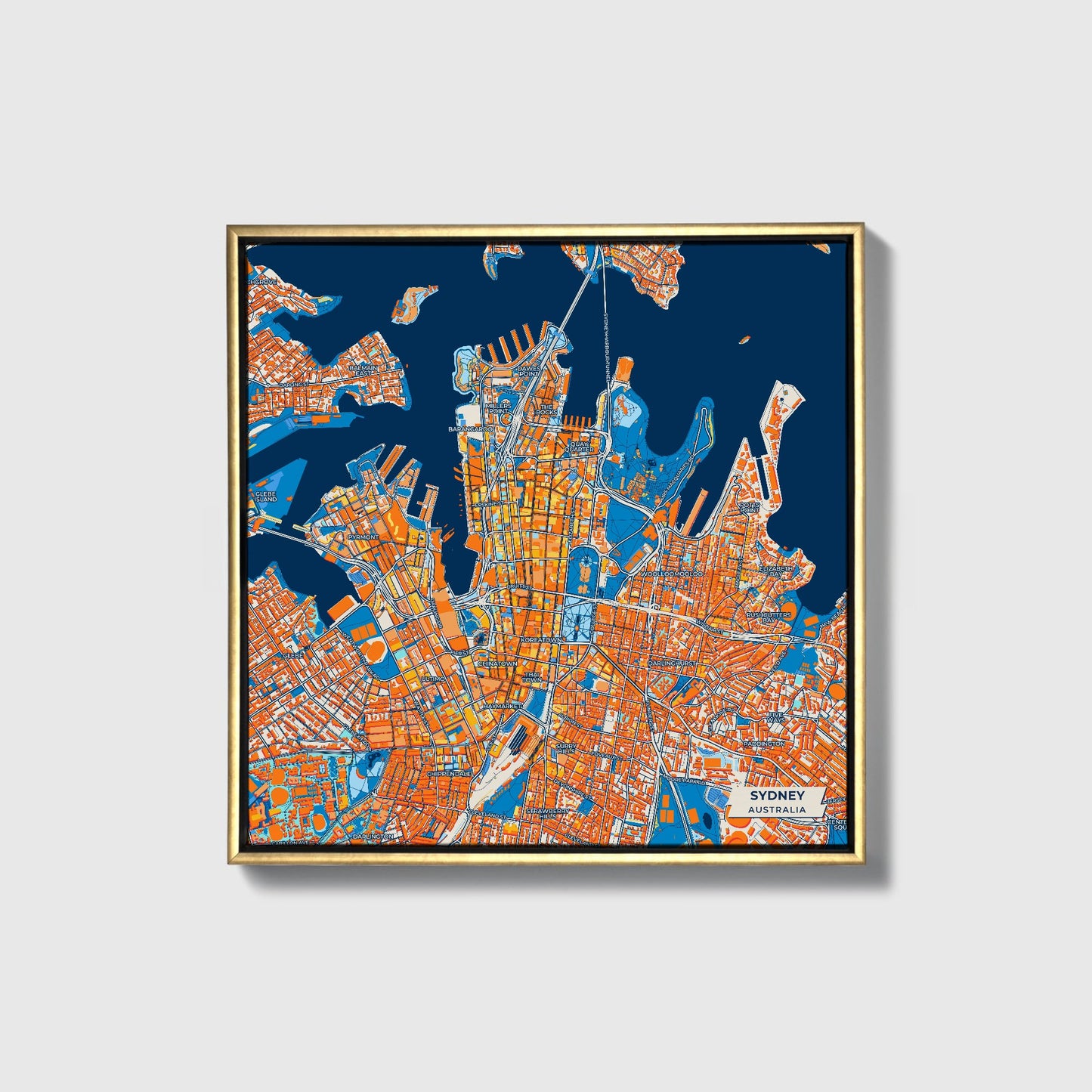 Sydney Australia Colorful City Map Canvas Print • Gold Framed