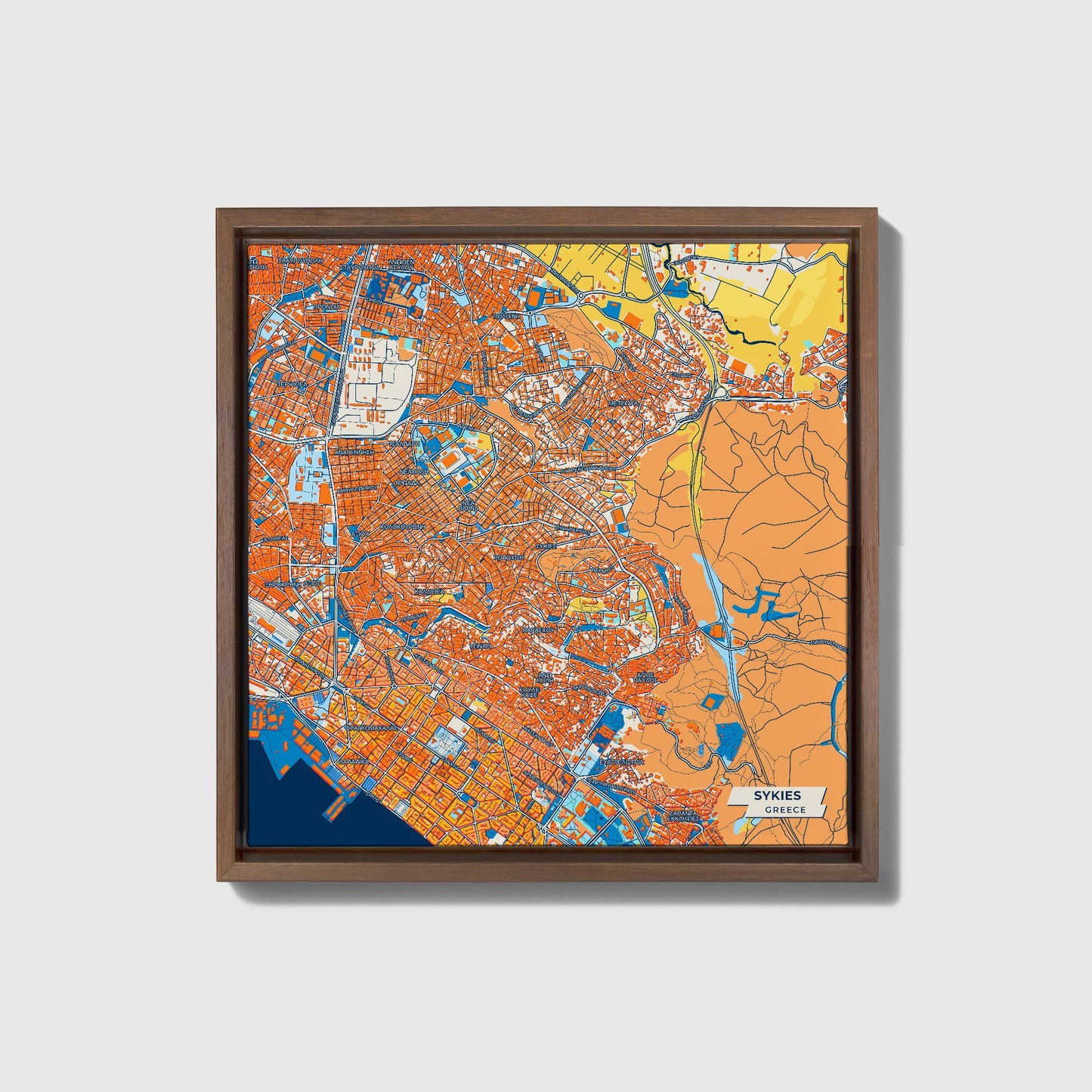 Συκιες Greece Colorful City Map Canvas Print • Dark Wooden Framed