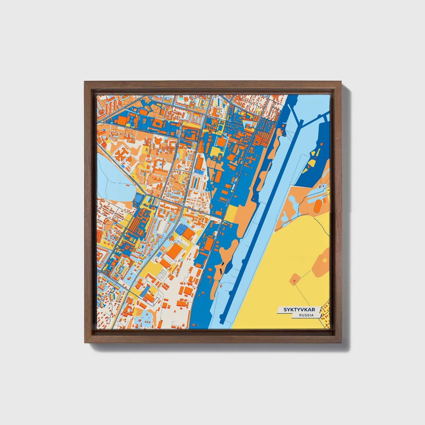 Syktyvkar Russia Colorful City Map Canvas Print • Dark Wooden Framed