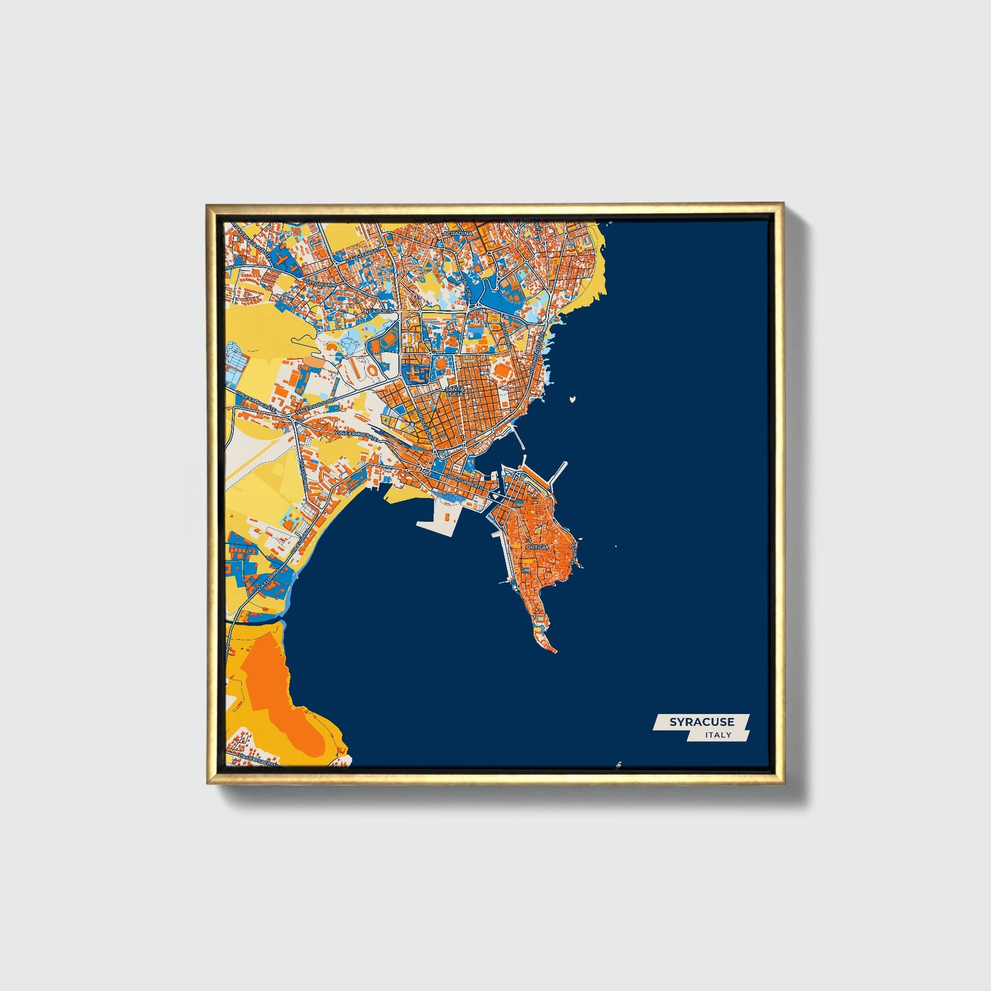 Siracua Italy Colorful City Map Canvas Print • Gold Framed