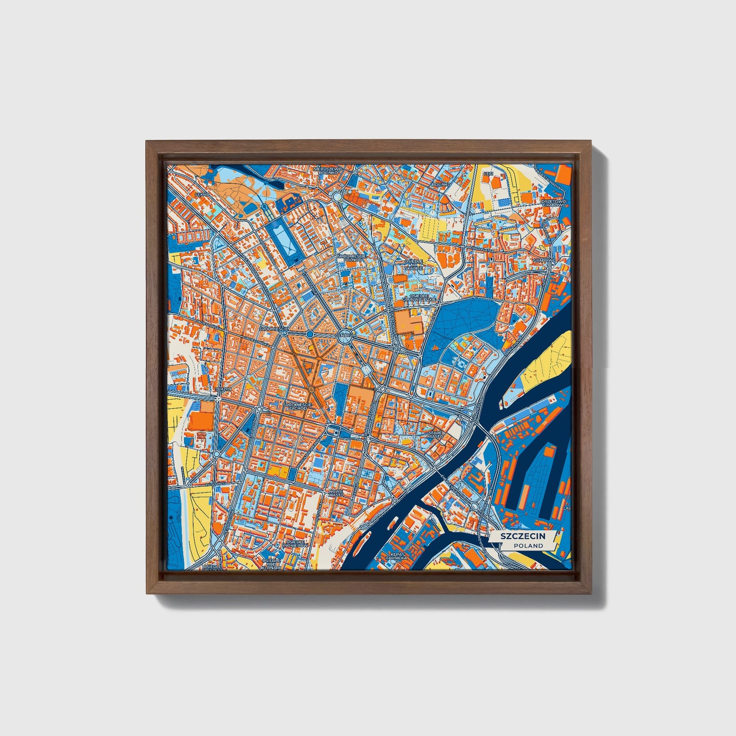 Szczecin Poland Colorful City Map Canvas Print • Dark Wooden Framed