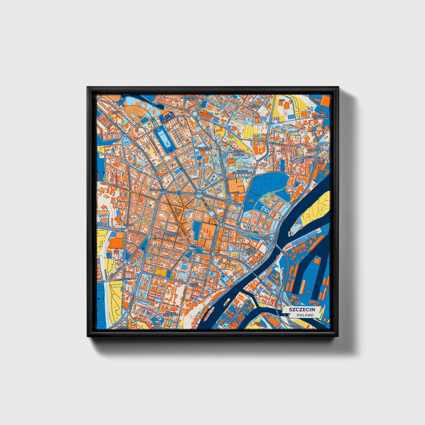 Szczecin Poland Colorful City Map Canvas Print • Black Framed